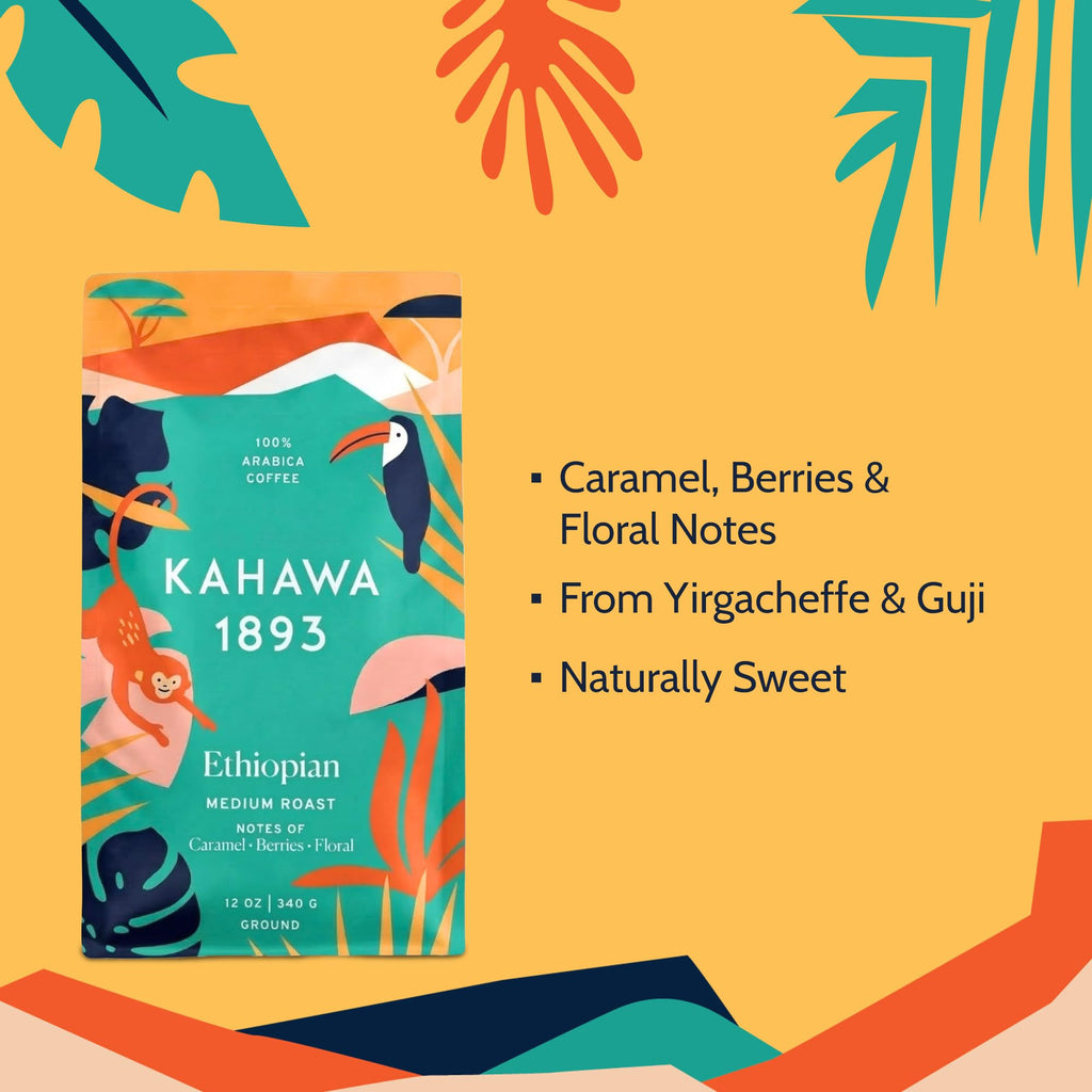 Kahawa 1893 Ground Coffee Medium Roast Ethiopian Blend 12 Oz - As Seen on Shark Tank, High Antioxidants, Naturally Sweet, Organically Grown, Ethically & Sustainably Sourced