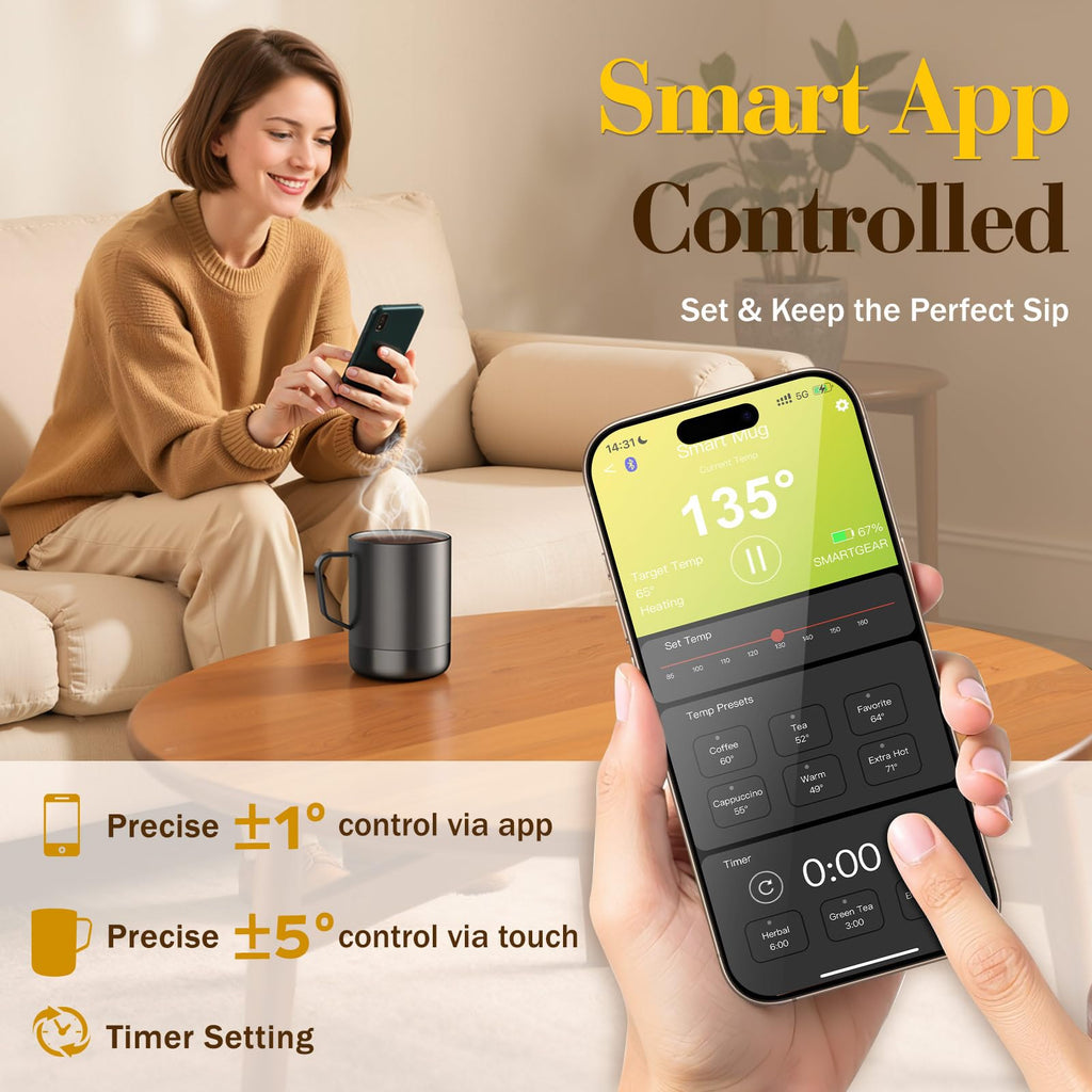KitchekShop 14oz Smart Coffee Mug Warmer - Self-Heating Mug with App Control, 160℉ Temperature Control, 150-Min Battery, Rechargeable Heated Mug Warmer for Home Office, Ideal Gifts for Dad Mom