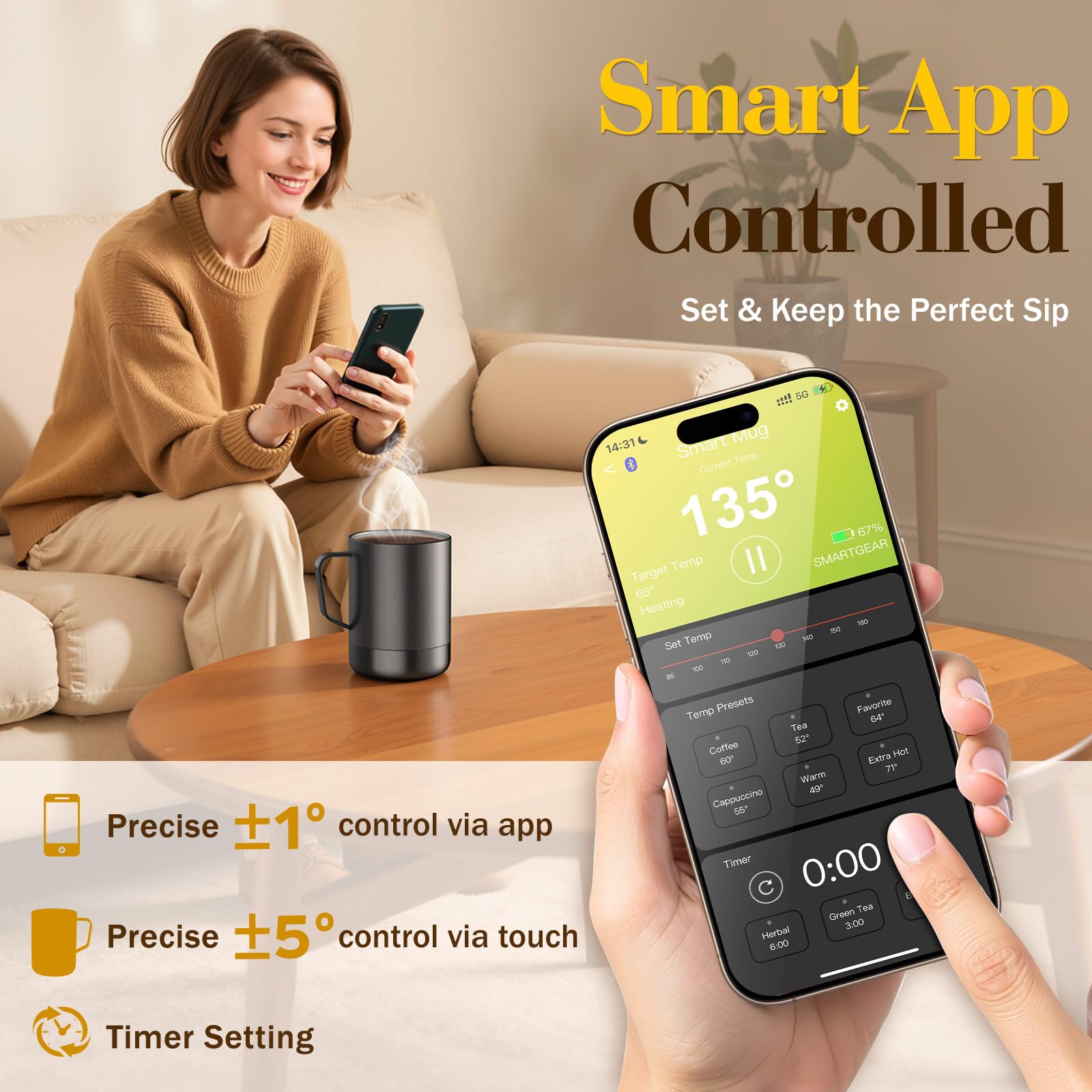 KitchekShop 14oz Smart Coffee Mug Warmer - Self-Heating Mug with App Control, 160℉ Temperature Control, 150-Min Battery, Rechargeable Heated Mug Warmer for Home Office, Ideal Gifts for Dad Mom