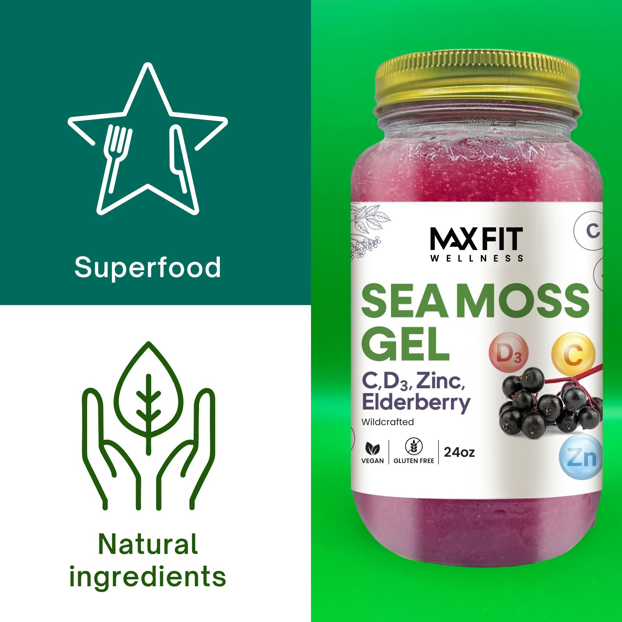 Sea Moss Gel Elderberry Vitamins 24oz Wildсrafted Gold Sea Moss Gel from Saint Lucia | 92 Vitamins and Minerals | Pure Raw+Non-GMO