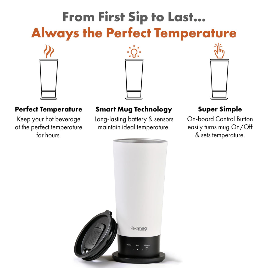 Nextmug Go - Temperature-Controlled, Self-Heating Travel Mug (White - 16 oz.)