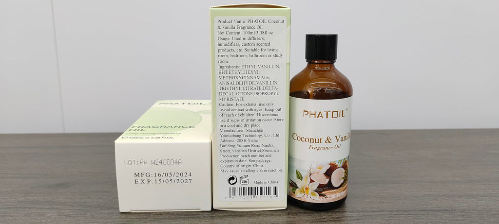 PHATOIL 3.38FL.OZ Coconut & Vanilla Fragrance Oils for Aromatherapy, Essential Oils for Diffusers for Home, Perfect for Diffuser, Yoga, DIY Candle and Soap Making - 100ml
