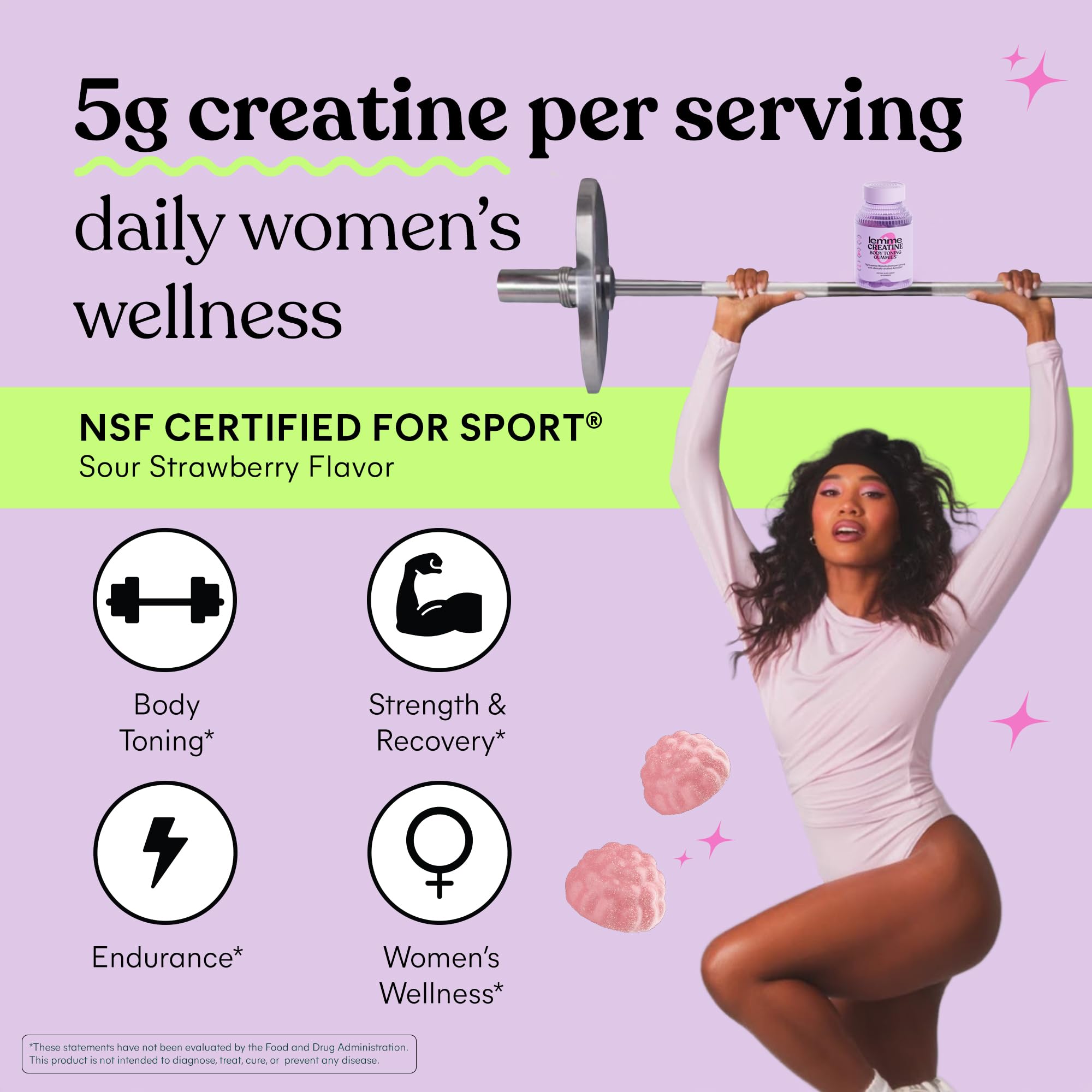Lemme Creatine Monohydrate Gummies for Women and Men, 5g Dose to Support Lean Muscle, Strength, Recovery, Cognitive Health, w/Ginseng for Absorption, Sour Strawberry, NSF Certified, 60 Gummies