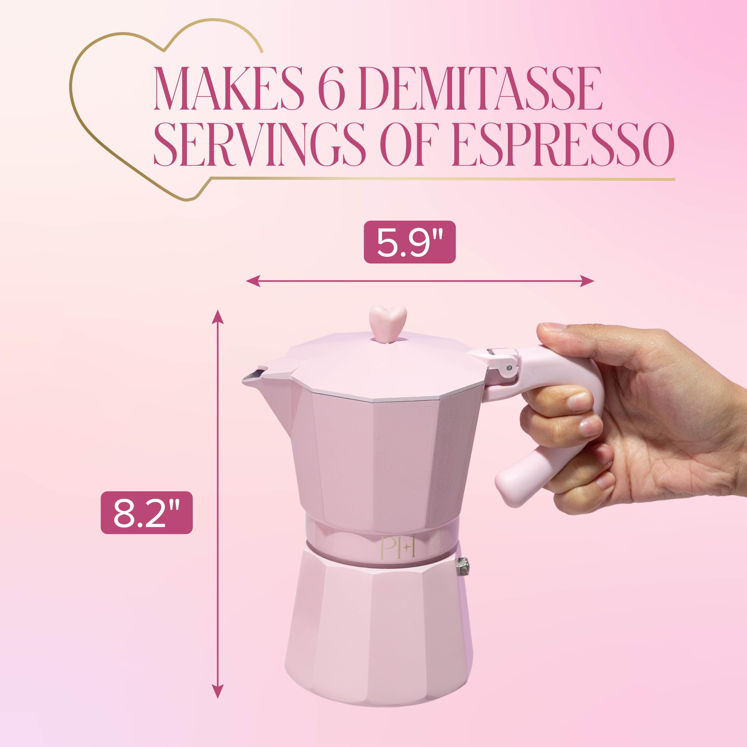 Paris Hilton Stovetop Espresso and Coffee Maker, Italian & Cuban Style Coffee Pot with Iconic Heart Knob, Perfect for Rich Aromatic Espresso, Makes up to 6 Espresso Cups, Pink