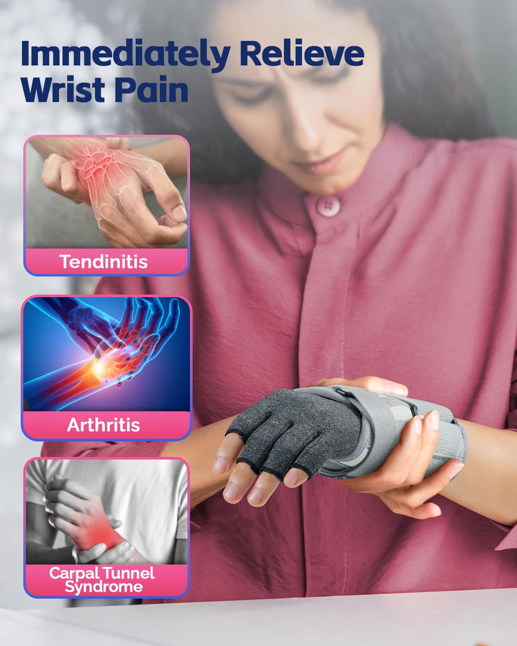 FEATOL Compression Arthritis Glove with Wrist Brace, Comfortable Fingerless Carpal Tunnel Hand Gloves for Women Night Support, Pain Relief for Rheumatoid Arthritis, Work, Typing - Right Hand, Medium
