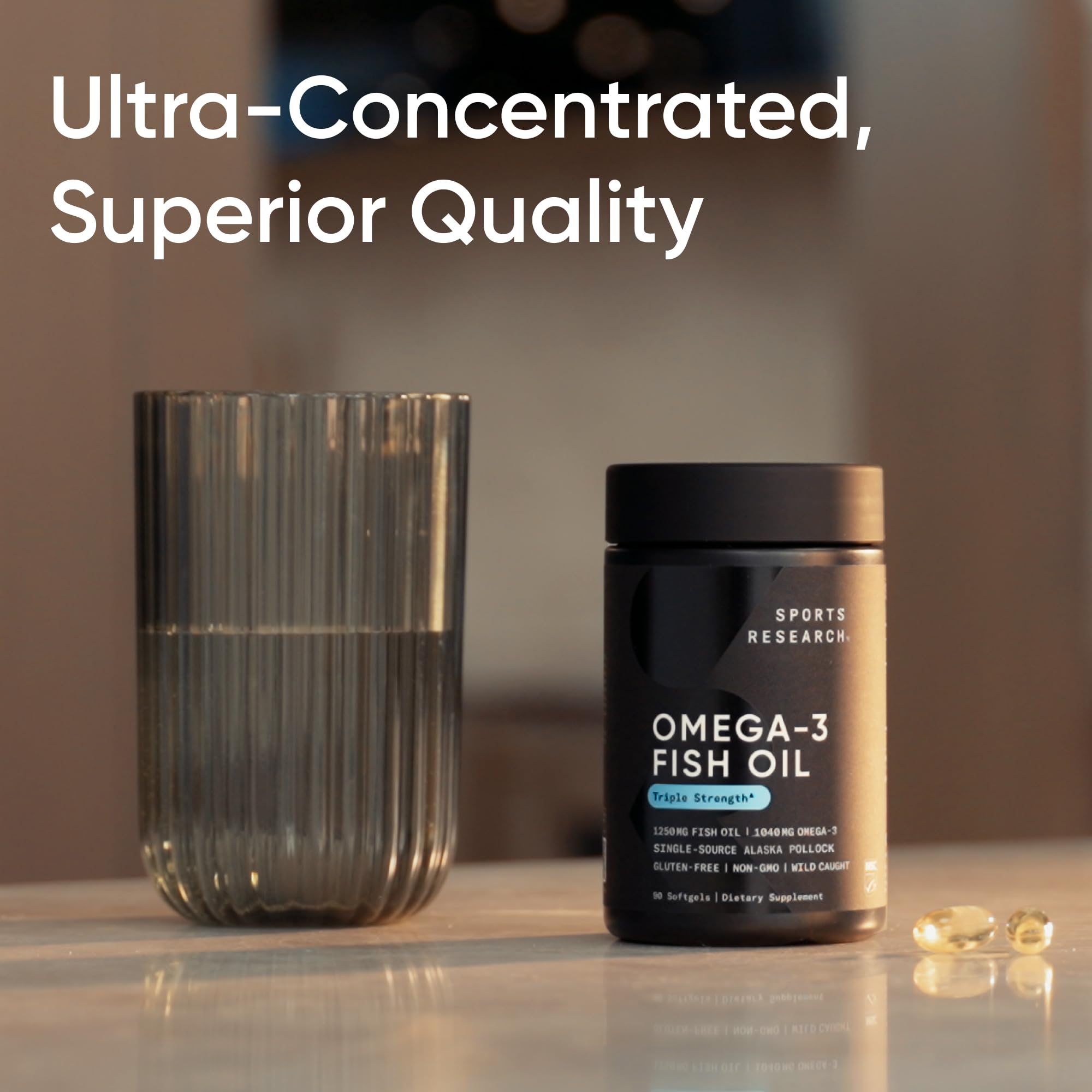 Sports Research® Omega-3 Fish Oil 1250 - Triple Strength Fish Oil Supplement from Wild Alaska Pollock - MSC Certified Sustainable · Non-GMO · Soy Free - 90 Softgel Capsules