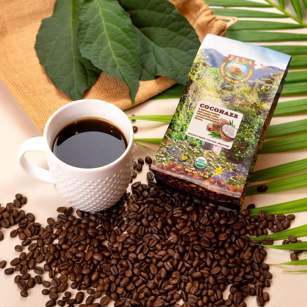 Low Acid Organic Coffee – Whole Bean, Mold-Free & Stomach Friendly by Java Planet, Coconut and Hazelnut, Medium Dark Roast, Arabica Gourmet Coffee Grade A, Smithsonian Bird Friendly, 1LB Bag