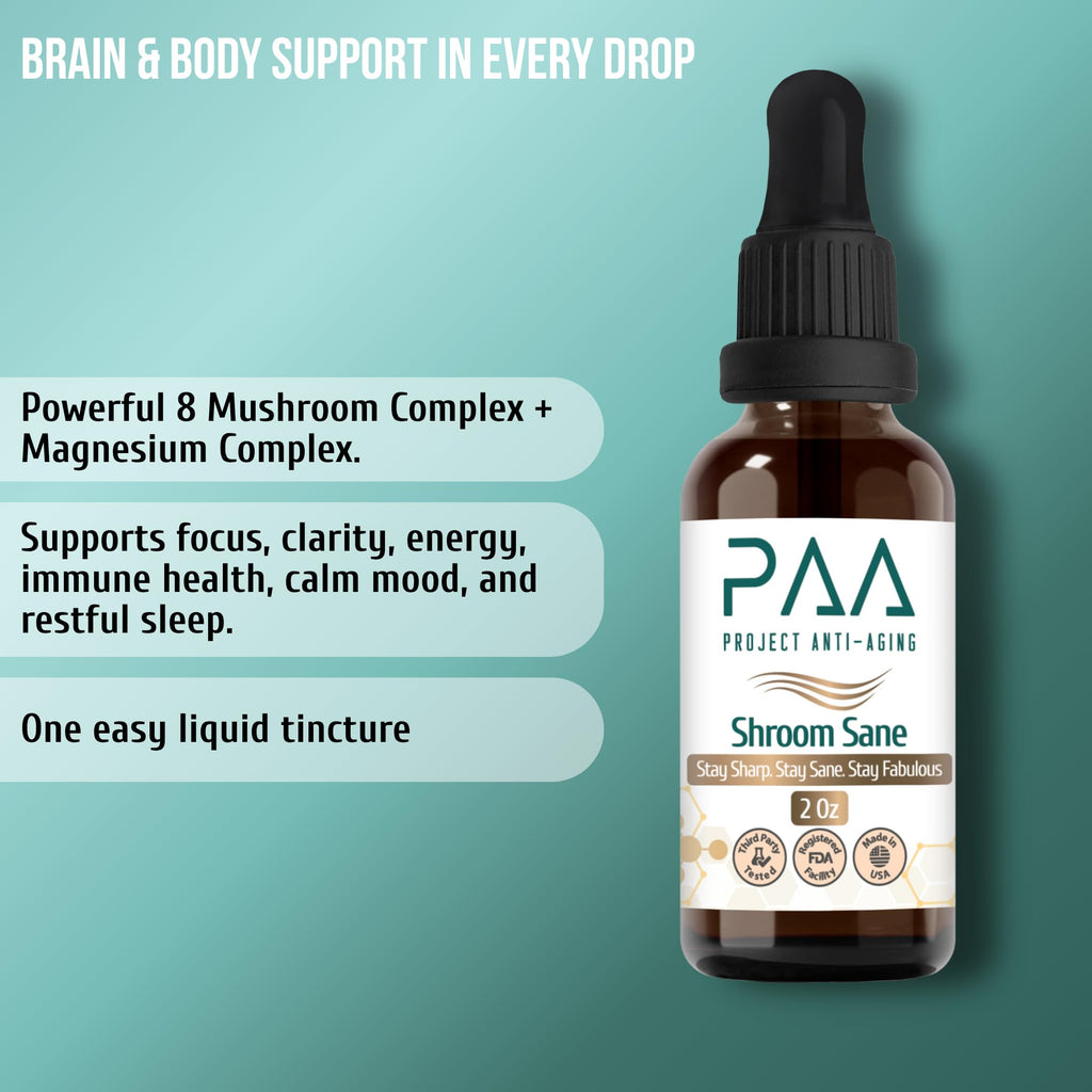 Project Anti-Aging Shroom Sane Liquid Drops with Lion’s Mane Mushroom Supplement Drops – 8 Mushroom Complex Tincture with Reishi, Cordyceps, Turkey Tail & Magnesium – USDA Organic, Vegan,