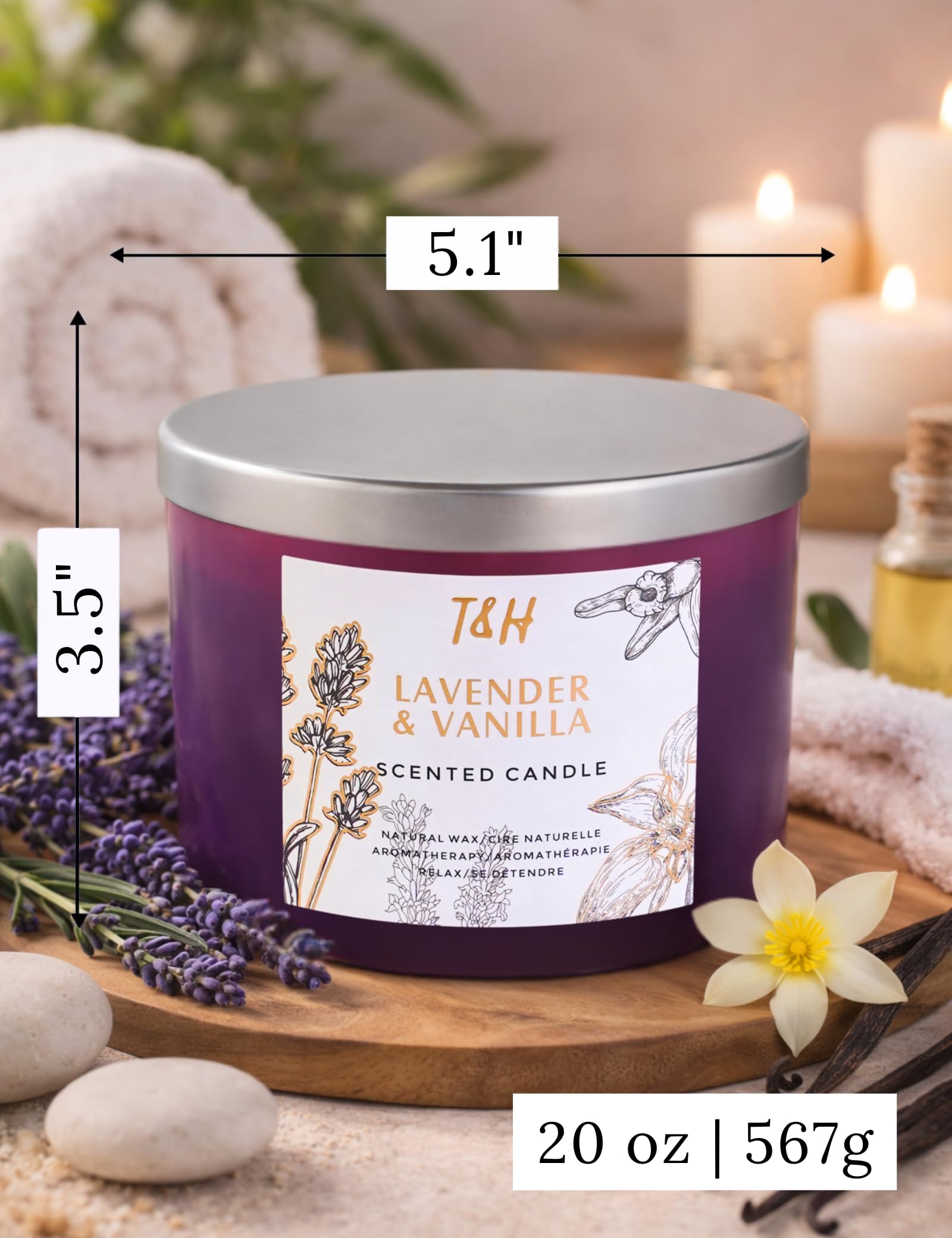 Lavender Vanilla Scented Candle | Large 4-Wick Soy Candle for Home 20 oz | Calming Aromatherapy Candle | Long Lasting Clean Burn | Relaxing Gift for Women & Men