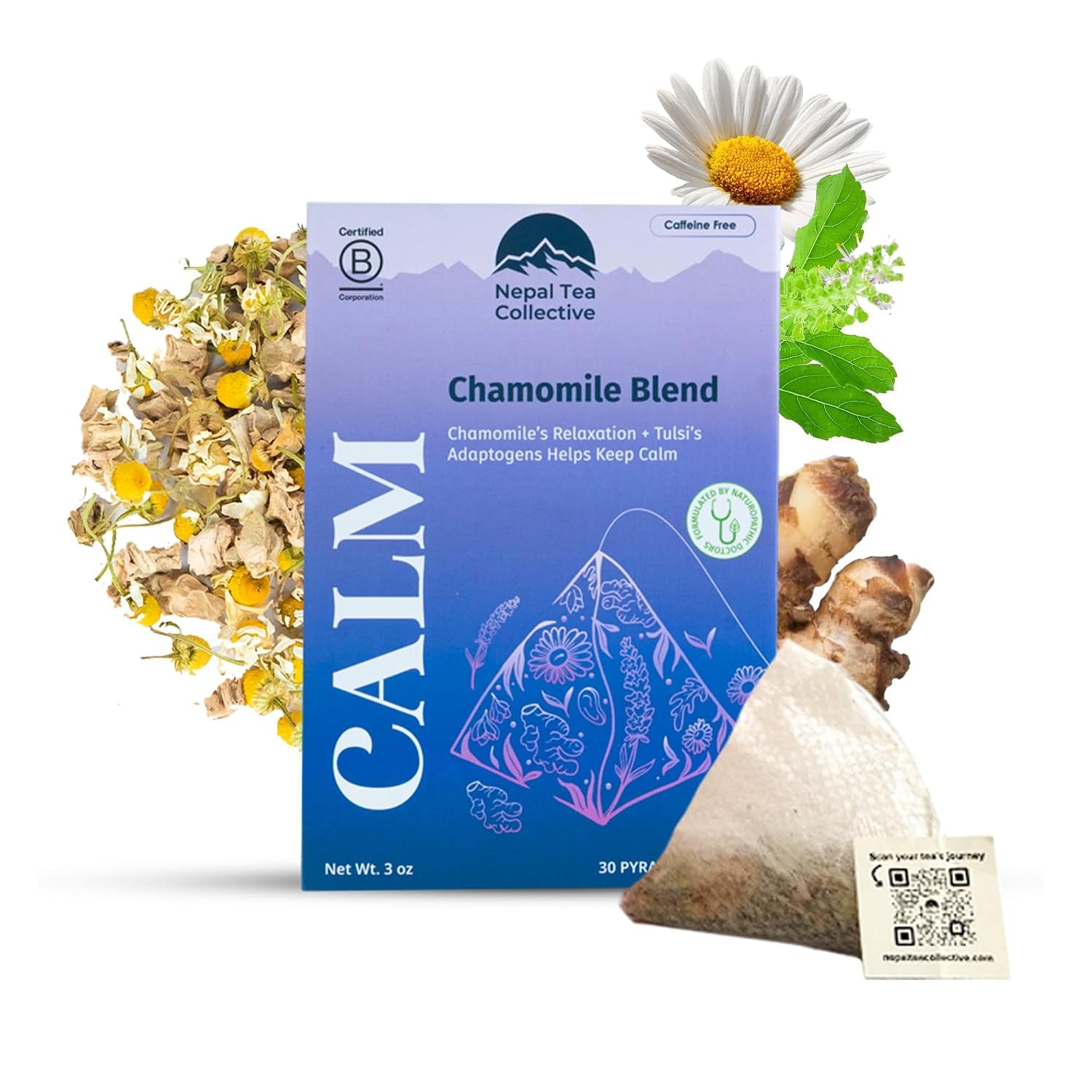 Calm Chamomile Ginger Tea Bags, 30 Count | Caffeine Free Herbal Tea with Tulsi | Naturopathic Sleep & Relaxation Blend | Organic Pyramid Bags, Plastic Free