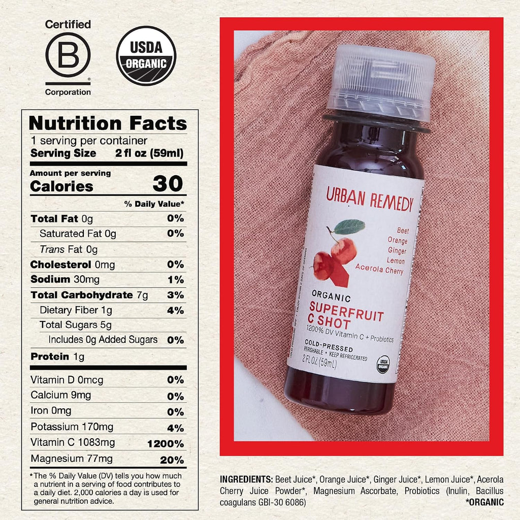 Organic Superfruit C Shot – Acerola Cherry & Probiotics Blend for Immune & Digestive Support. Cold-Pressed Beet, Orange & Ginger Juice. Gluten-Free, Dairy-Free, Non-Gmo, 2 Fl Oz