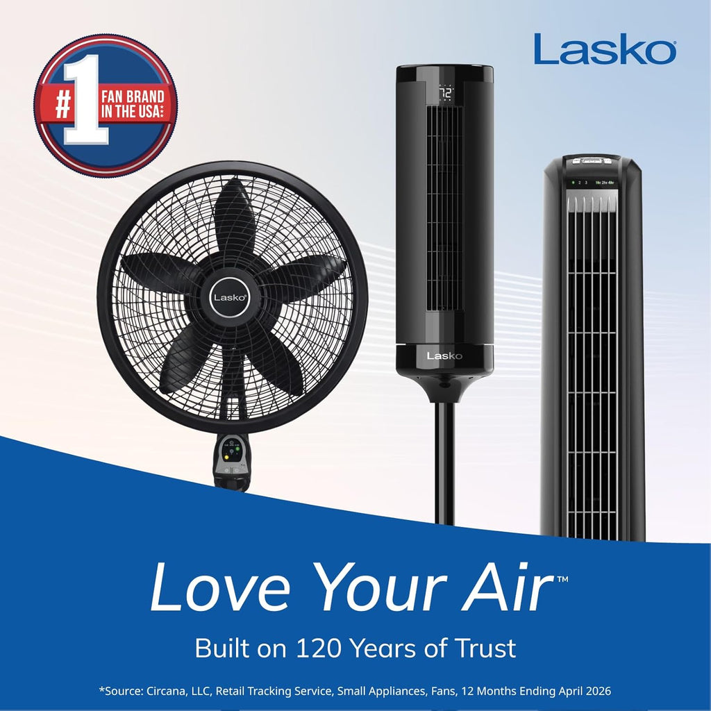 Lasko Oscillating Cyclone Pedestal Fan, Adjustable Height, Timer, Remote Control, 3 Speeds, for Bedroom, Living Room, Home Office, 18", Black, 1843