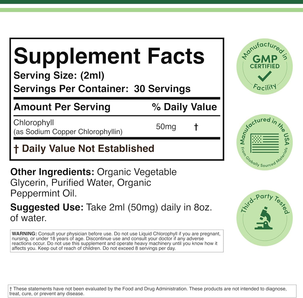 Chlorophyll Liquid Drops - for Digestion, Gut Health, Energy and Detox - Vegan Safe (Rich, Full Texture and Taste, Not Watered Down), 2Oz Peppermint Flavored, by Double Wood