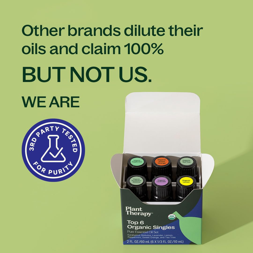 Top 6 USDA Organic Essential Oil Set - Lavender, Peppermint, Eucalyptus, Lemon, Tea Tree 100% Pure, Natural Aromatherapy, for Diffusion & Topical Use, Therapeutic Grade 10 Ml (1/3 Oz)