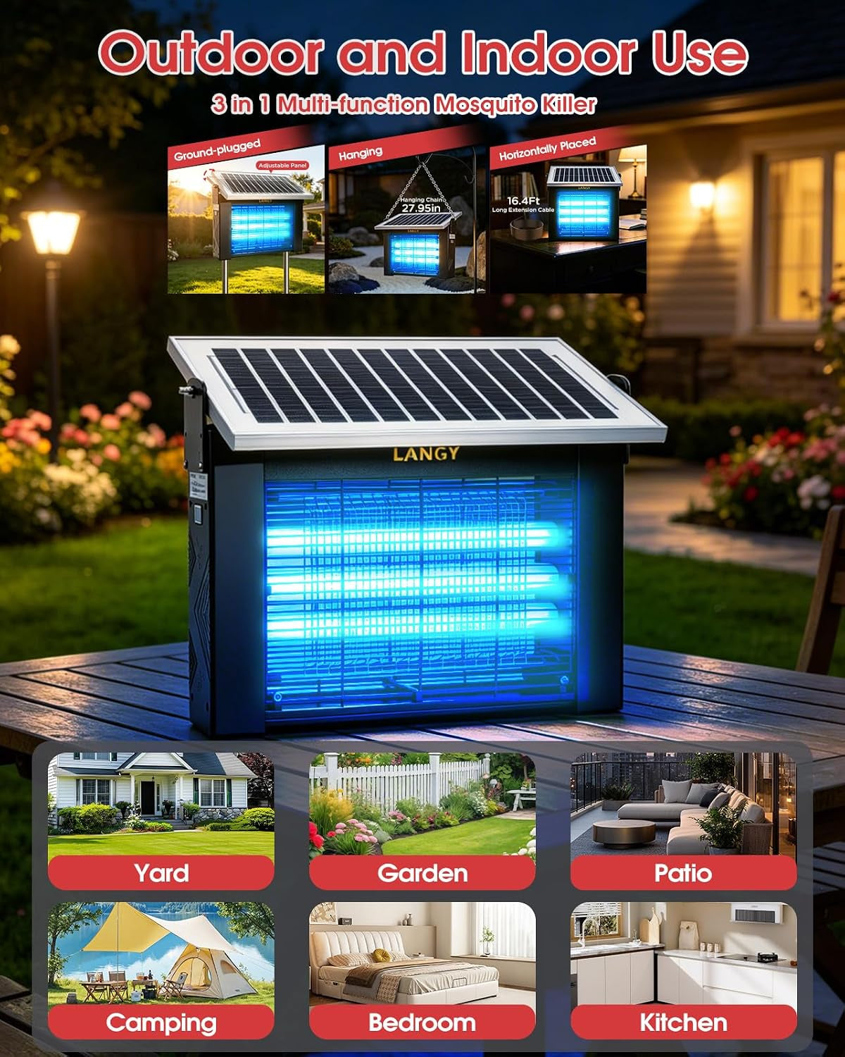 10W Solar Bug Zapper Outdoor Waterproof, Upgrade 3-Tube 365Nm Mosquito Zapper Solar Powered, Rechargeable 4500V Electric Cordless Fly Zapper Mosquitos Trap Auto On/Off for Yard Patio Camping
