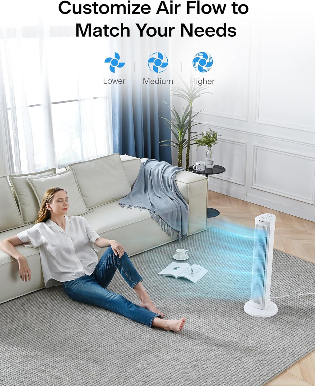 PELONIS 30 Inch Tower Fan for Bedroom, Quiet Oscillating Standing Fan with 3 Speeds, Portable Cooling Fan for Home Office Dorm Room, Auto-Off Timer, White, PFT28A2BWW