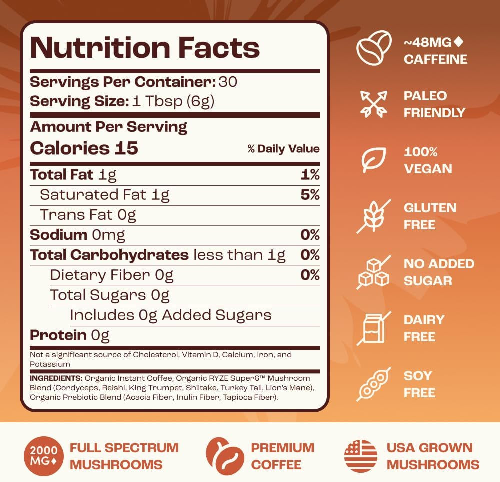 Mushroom Medium Roast Coffee USDA Organic with 6 Adaptogenic Mushrooms, USA Grown Instant Coffee for Better Energy, Focus Digestion Immunity with Lions Mane & Turkey Tail 30. Pack of 1