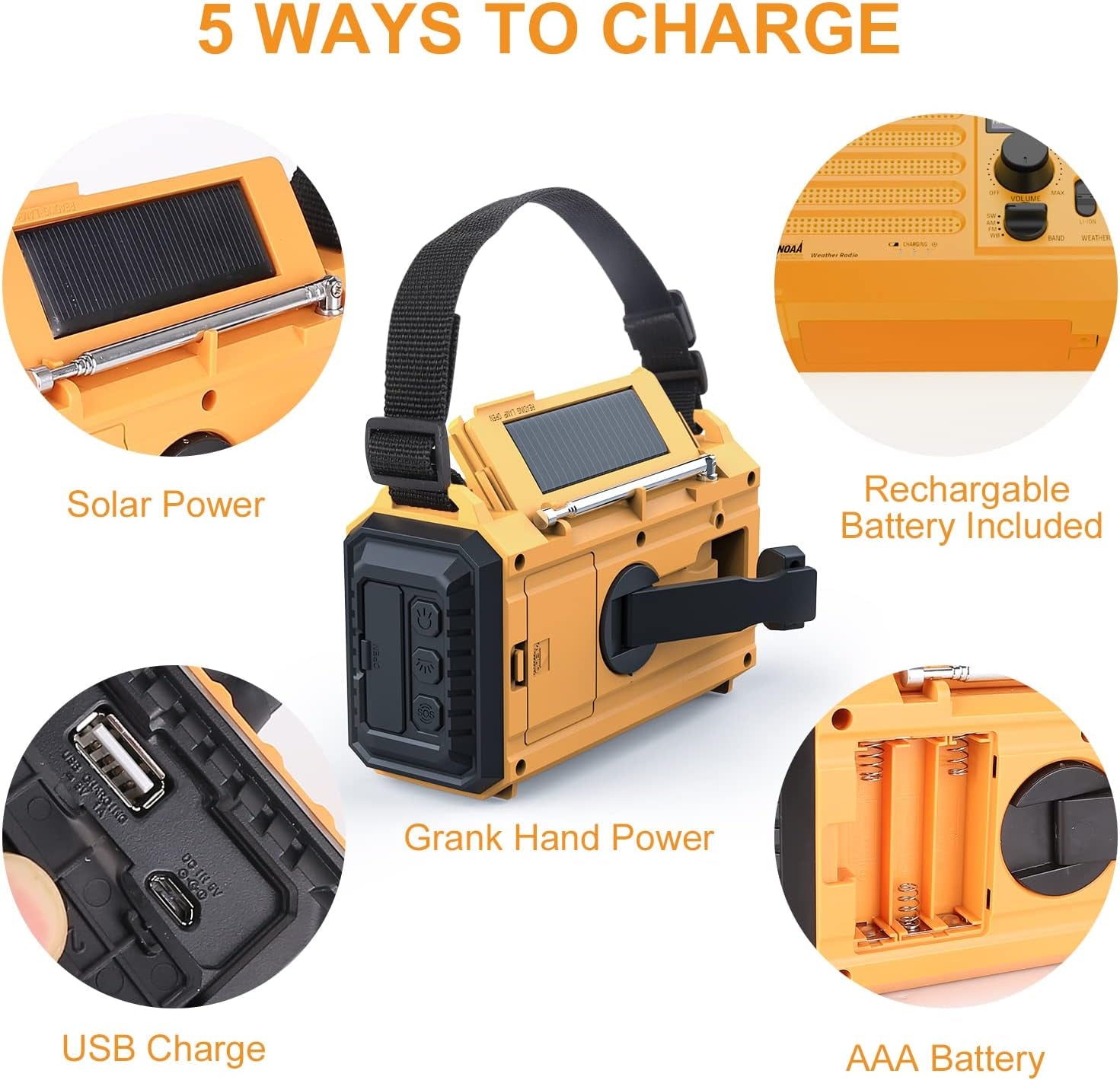 Weather Radio, 5000Mah/18500Mwh NOAA Weather Radio, Solar Hand Crank Emergency Radio with AM/FM/SW/NOAA Weather Alert, Flashlight, Reading Lamp, Cell Phone Charger and SOS Siren
