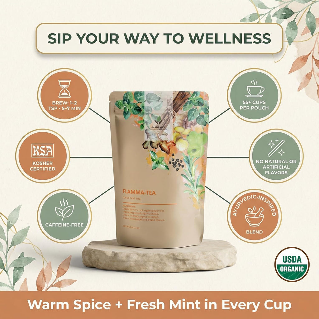 Organic Flamma-Tea Loose Leaf Tea | Premium Turmeric Ginger Blend with Cinnamon, Peppermint & Black Pepper | 100% Natural, Caffeine Free Herbal Wellness Tea | 4Oz (113G)