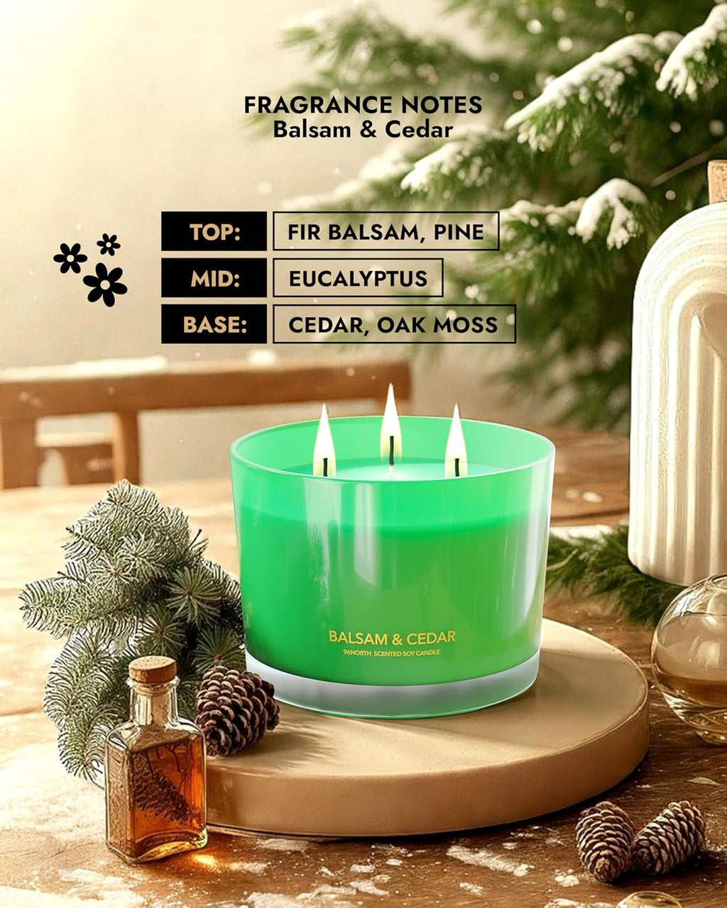 Luxury Candle Balsam & Cedar Scented | Large 3-Wick Jar Candle | up to 40 Hours Burning Time | 100% Natural Soy Wax | Ideal Christmas Candles Gift