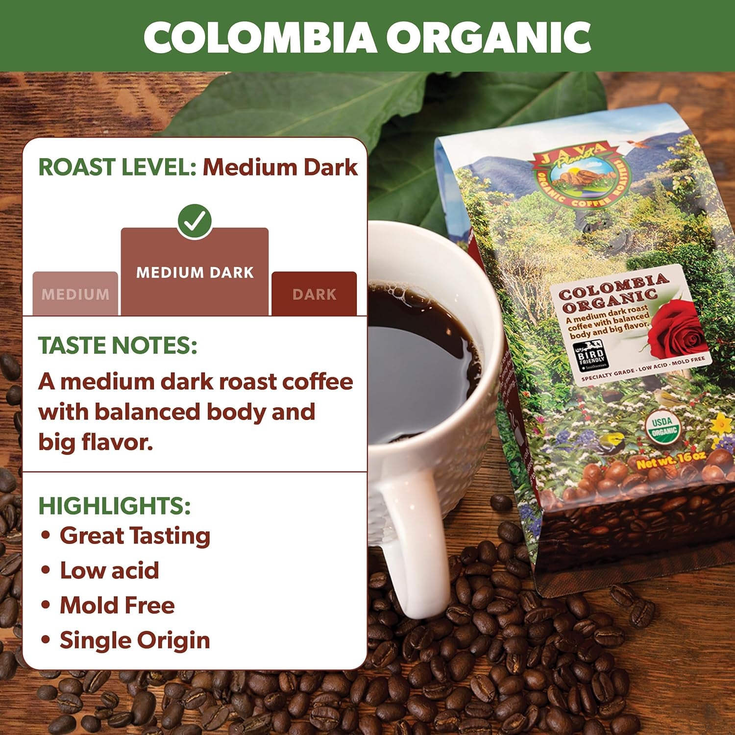 Organic Coffee Beans Whole, Medium Dark Roast - Low Acid Single Origin: Colombian Non-Gmo Organic Whole Bean Coffee - Third-Party Tested for Purity, Quality & Key Contaminants - 16 Ounces