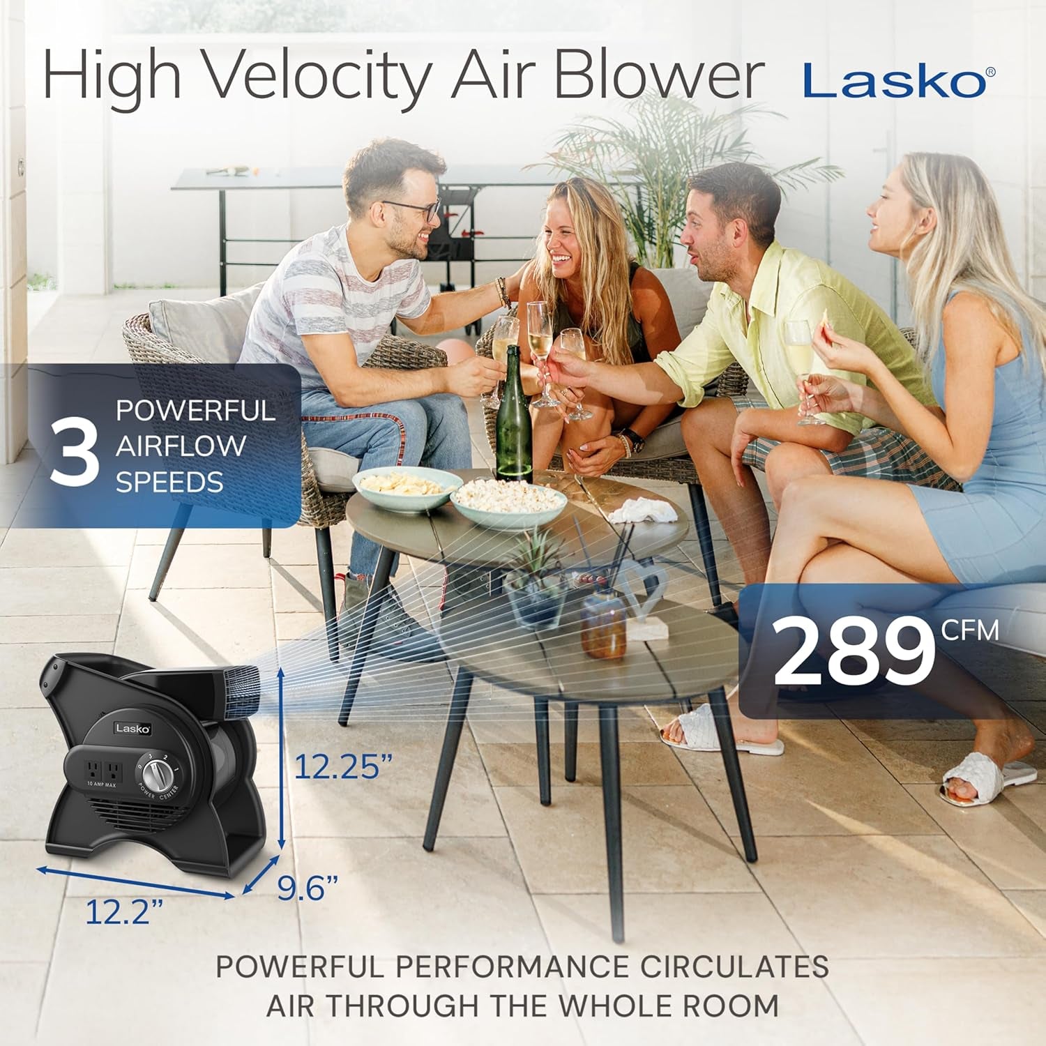 Lasko High Velocity Portable Utility Fan - Adjustable Air Mover Blower Fan for Bedroom, Office Desk, Garage, and Home - with 2 Outlets 120V - 3 Speeds - U12104 - 12" Tall - Black
