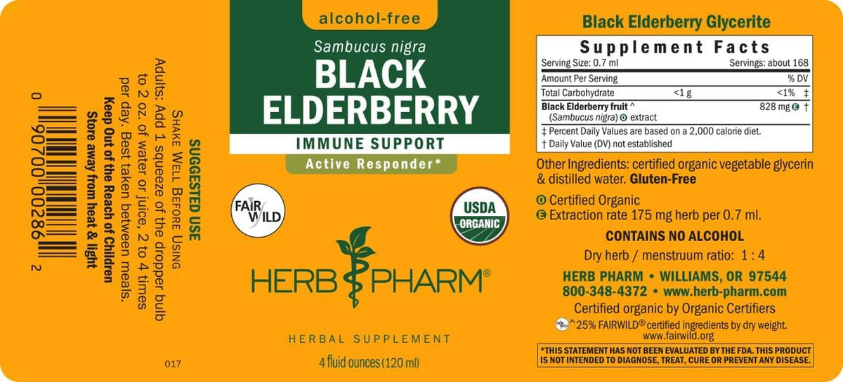 Certified Organic Black Elderberry Liquid Extract Drops for Immune System Support, Alcohol-Free Glycerite, 4 Oz