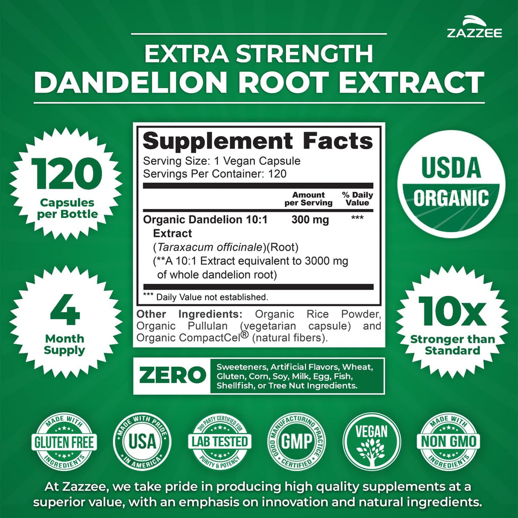 USDA Organic Dandelion Root 10:1 Extract, 120 Capsules, 4 Month Supply, Liver & Detox Support, Taraxacum Officinale, Organic Herbal Supplement, All-Natural, Non-Gmo, Made in the USA