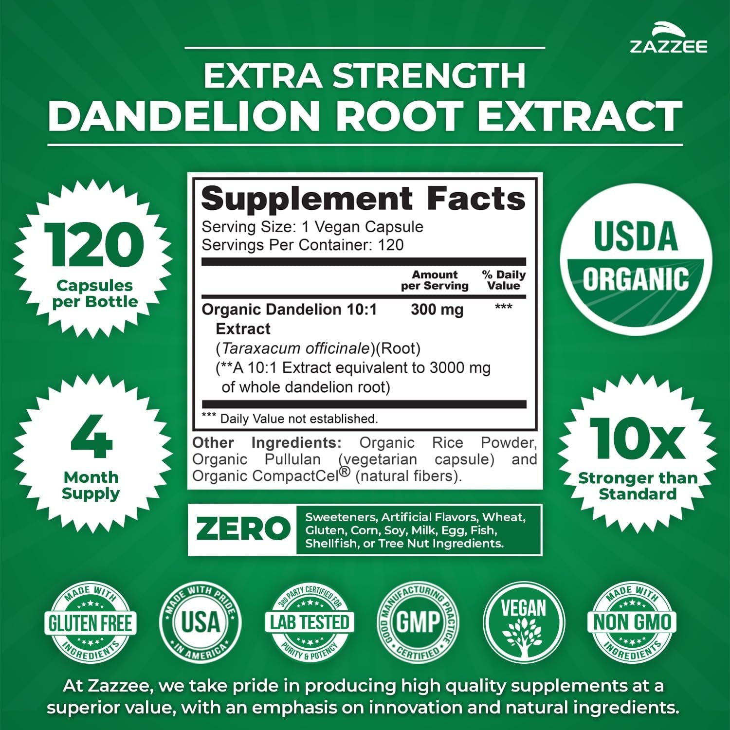 USDA Organic Dandelion Root 10:1 Extract, 120 Capsules, 4 Month Supply, Liver & Detox Support, Taraxacum Officinale, Organic Herbal Supplement, All-Natural, Non-Gmo, Made in the USA