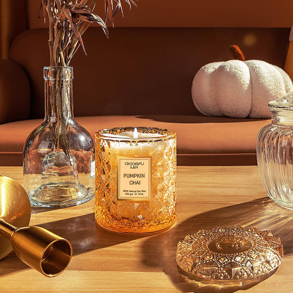 Pumpkin Chai Candles Halloween Candle Gift, Farmhouse Candles for Home, Luxury Scented Soy Jar Fall Candle with up to 55 Hour Long Lasting, Home Decor, Barn Fall Decor Pottery, 8.1Oz