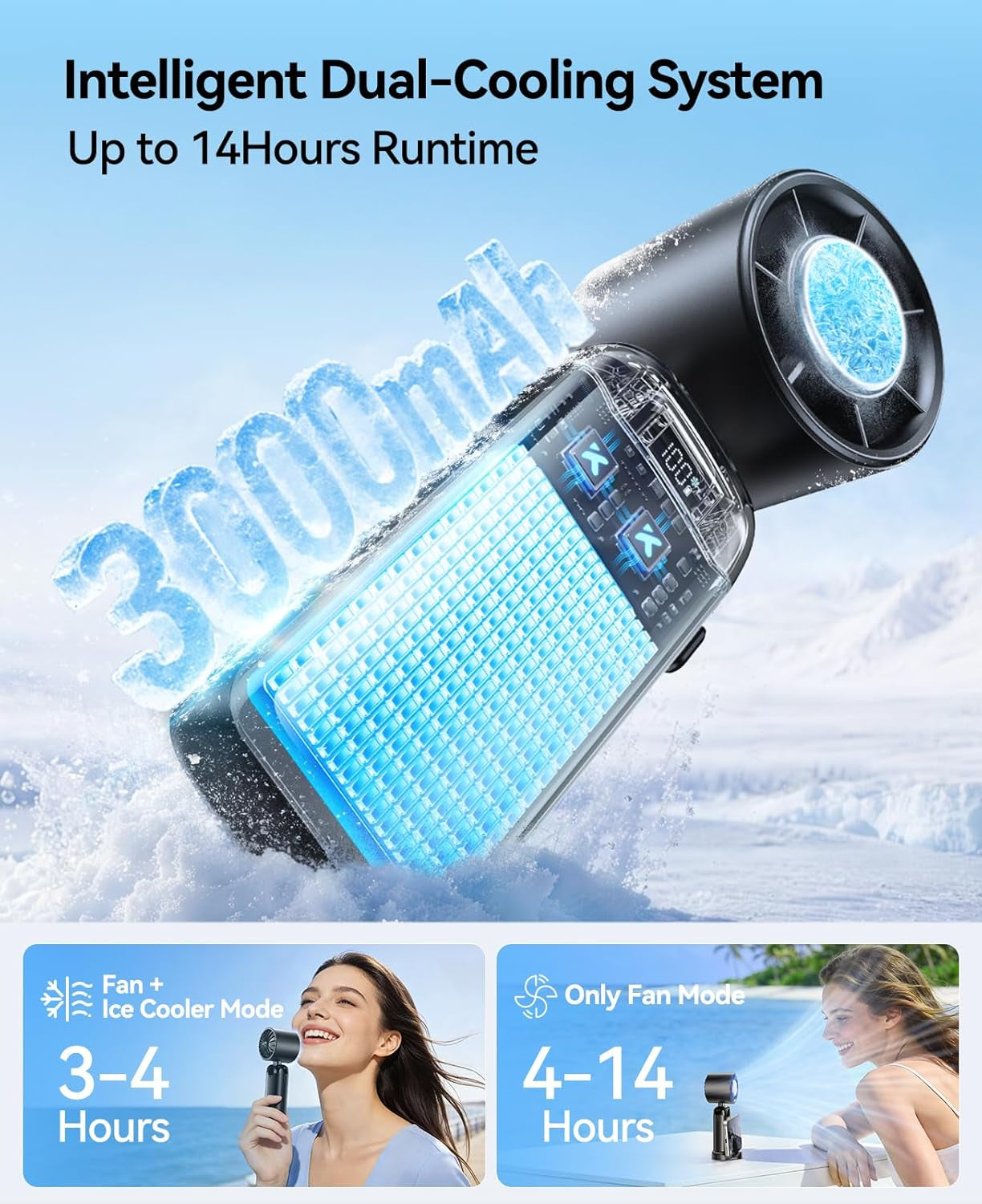 Handheld Portable Turbo Fan with Ice Cooler, Powerful 21000 RPM, Speed (1-199), up to 14Hrs Cooling, Rechargeable Personal Fan, Small Pocket Hand Fans for Travel/Outdoor/Home/Office (Black)