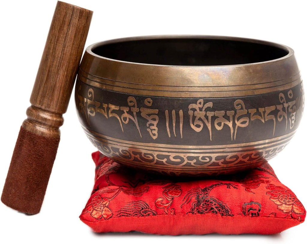 Premium Tibetan Singing Bowl Set – Handmade in Nepal Sound & Meditation Bowl – Spiritual Decor for Yoga, Wellness Spaces & Relaxation by  (Brown & Red)