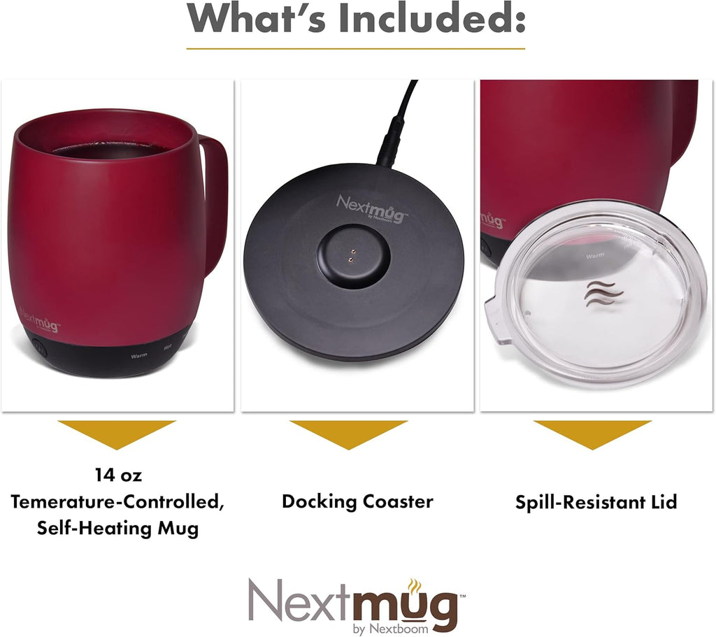 Nextmug - Temperature-Controlled, Self-Heating Coffee Mug (Burgundy - 14 Oz.)