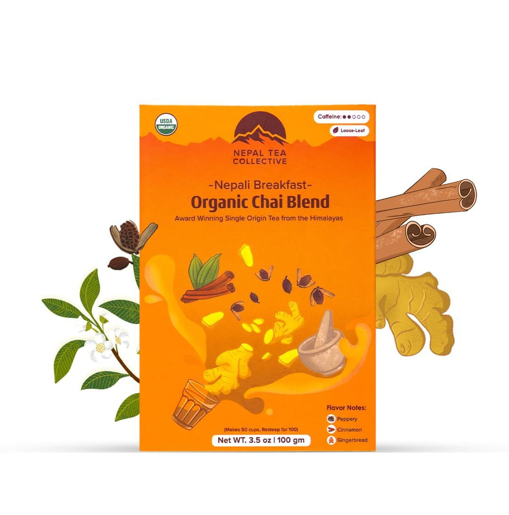 Organic Chai Tea Loose Leaf - Certified Organic Black Tea with Ginger, Cinnamon & Cardamom - Single Origin from a Family Farm in the Himalayas (Nepali Breakfast) - 3.5 Oz (100G)