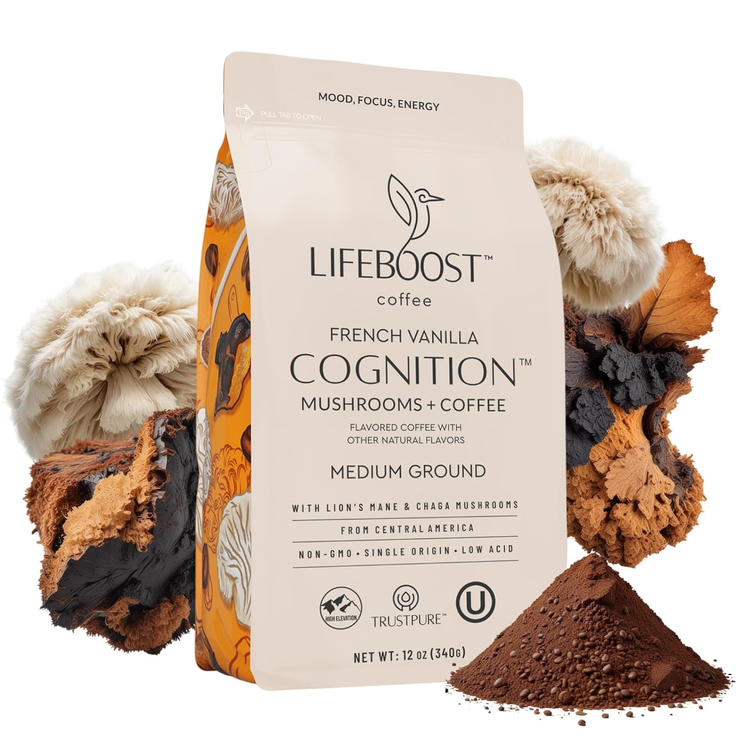 French Vanilla Cognition Mushroom Coffee - Low Acid Medium Organic Coffee with Nootropic Lions Mane & Chaga Mushrooms - Increase Energy, Boost Focus & Immune Support - 12 Oz Bag - Ground