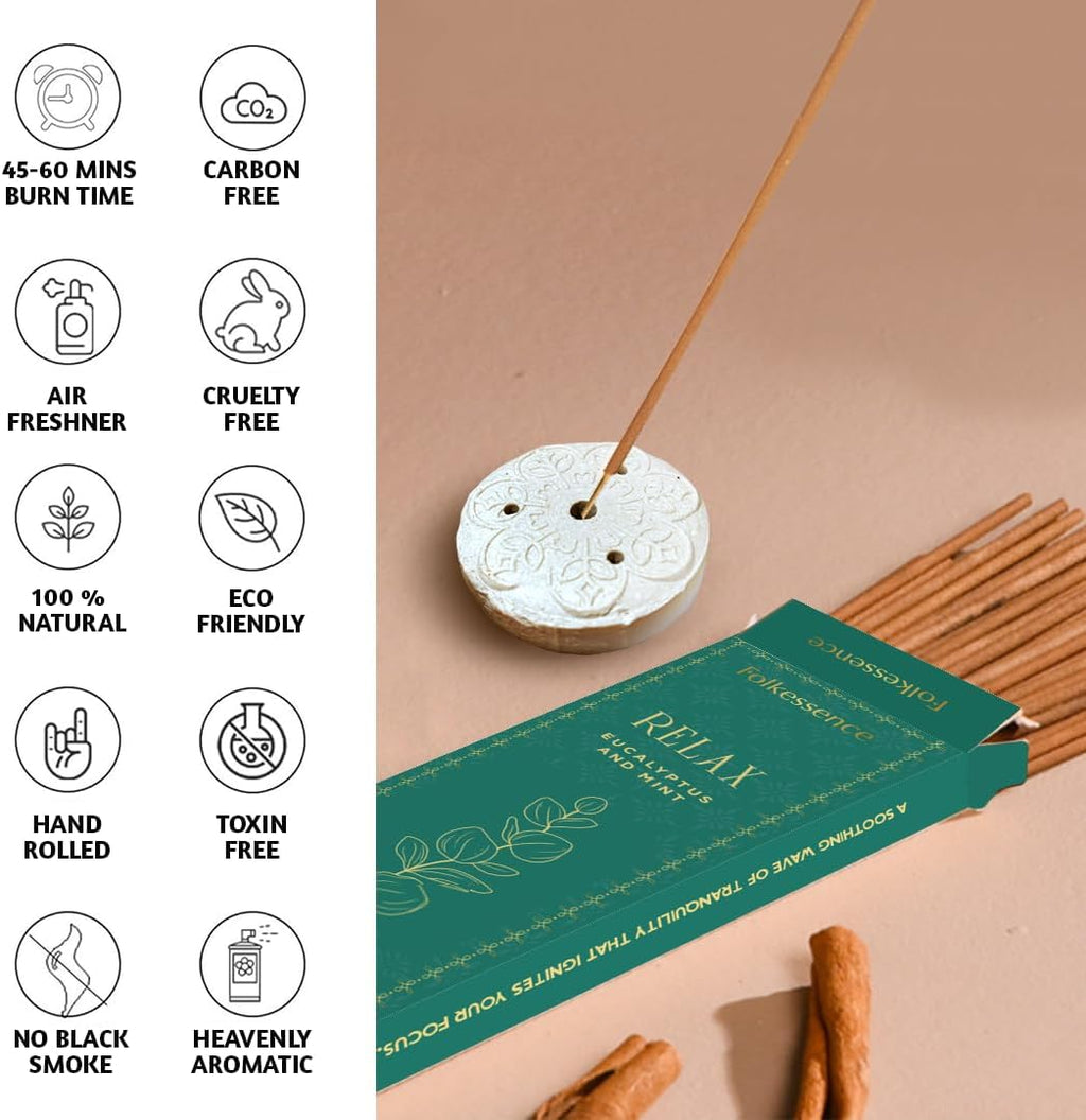 Incense Sticks with Holder (100 Sticks)| Eucalyptus Incense Stick for Meditation, Aromatherapy, Realxation Gifts | No Charcoal,Organic,Non Toxic, 45 Mins, Long Burning Insence-Sticks