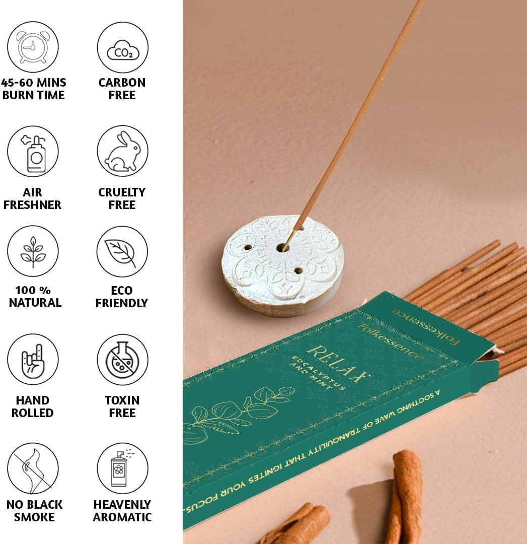 Incense Sticks with Holder (100 Sticks)| Eucalyptus Incense Stick for Meditation, Aromatherapy, Realxation Gifts | No Charcoal,Organic,Non Toxic, 45 Mins, Long Burning Insence-Sticks