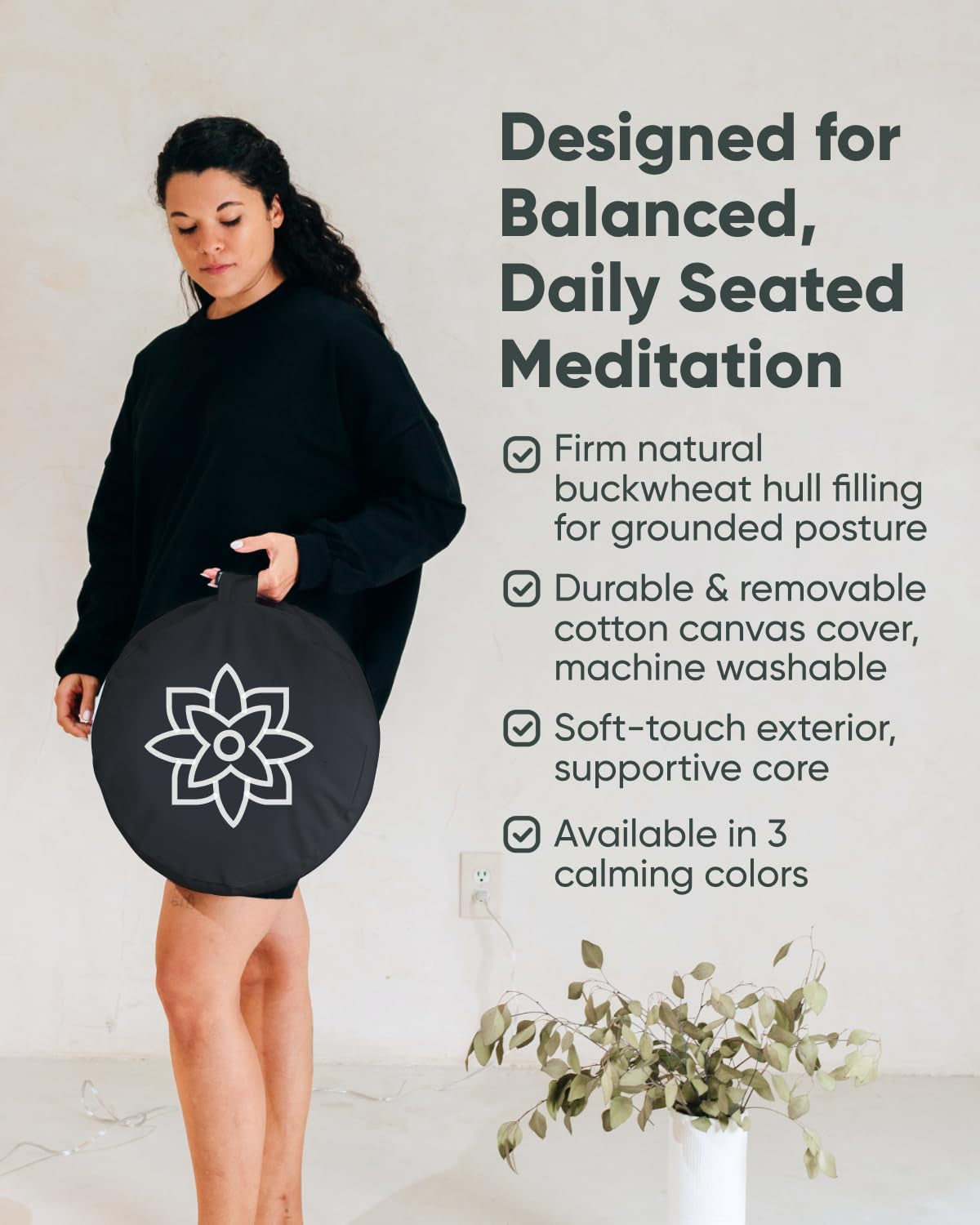 Mindful & Modern Large Meditation Cushion for Zafu Yoga - Meditation Pillow for Sitting on the Floor - Buckwheat Hull Filled Yoga Cushion with Removable, Washable 100% Cotton Cover and Carry Handle
