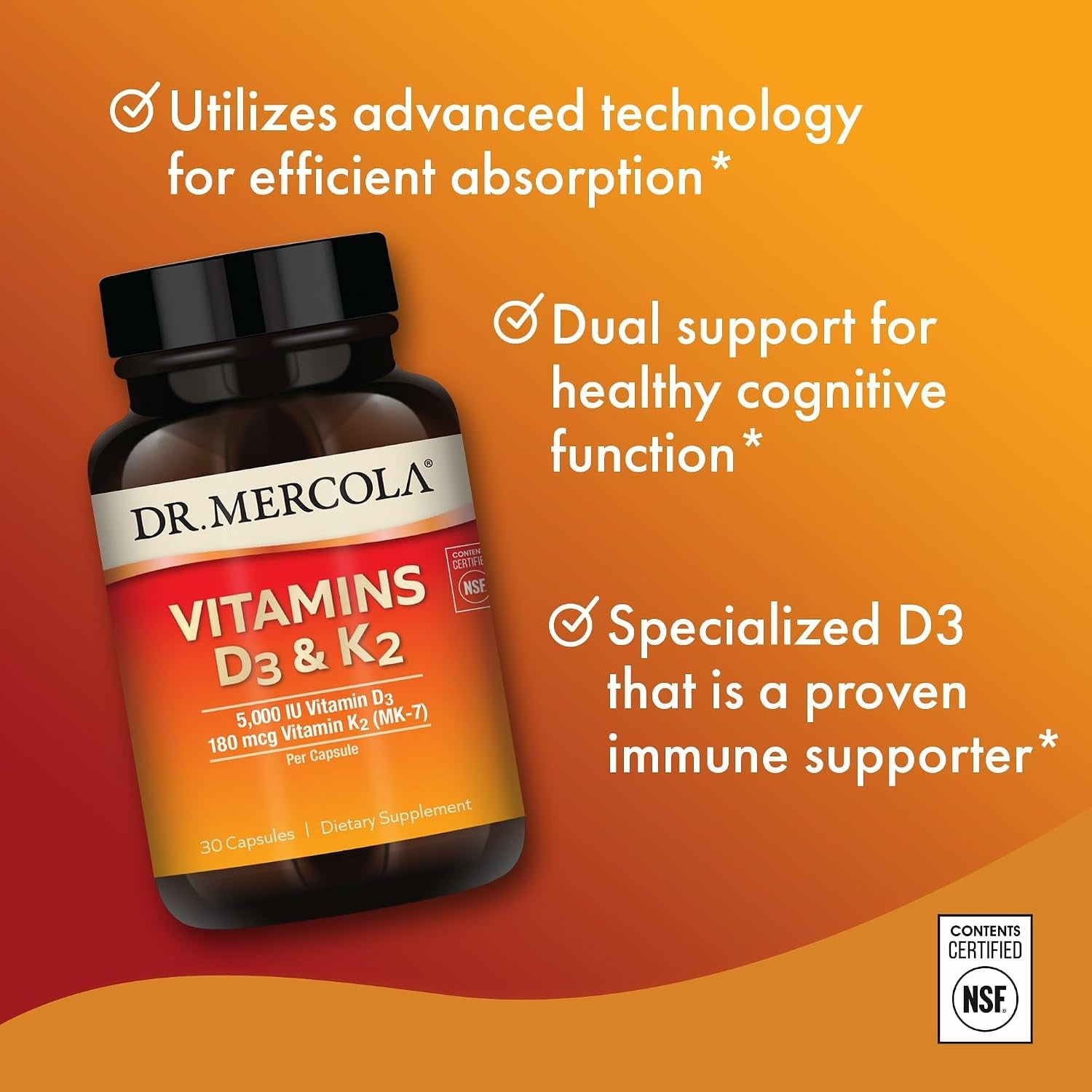 Vitamins D3 & K2 - Supports Immune, Brain, Cardiovascular, Respiratory & Bone Health - Gmo-Free, Gluten-Free & Soy-Free - 30 Capsules (30 Servings)