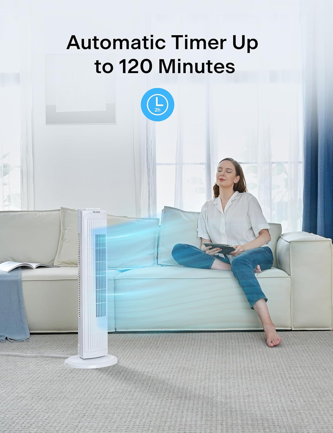 PELONIS 30 Inch Tower Fan for Bedroom, Quiet Oscillating Standing Fan with 3 Speeds, Portable Cooling Fan for Home Office Dorm Room, Auto-Off Timer, White, PFT28A2BWW