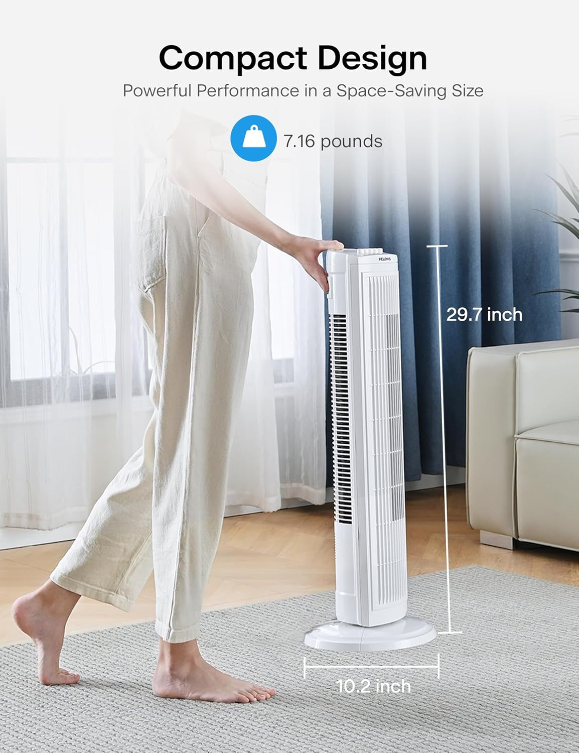 PELONIS 30 Inch Tower Fan for Bedroom, Quiet Oscillating Standing Fan with 3 Speeds, Portable Cooling Fan for Home Office Dorm Room, Auto-Off Timer, White, PFT28A2BWW
