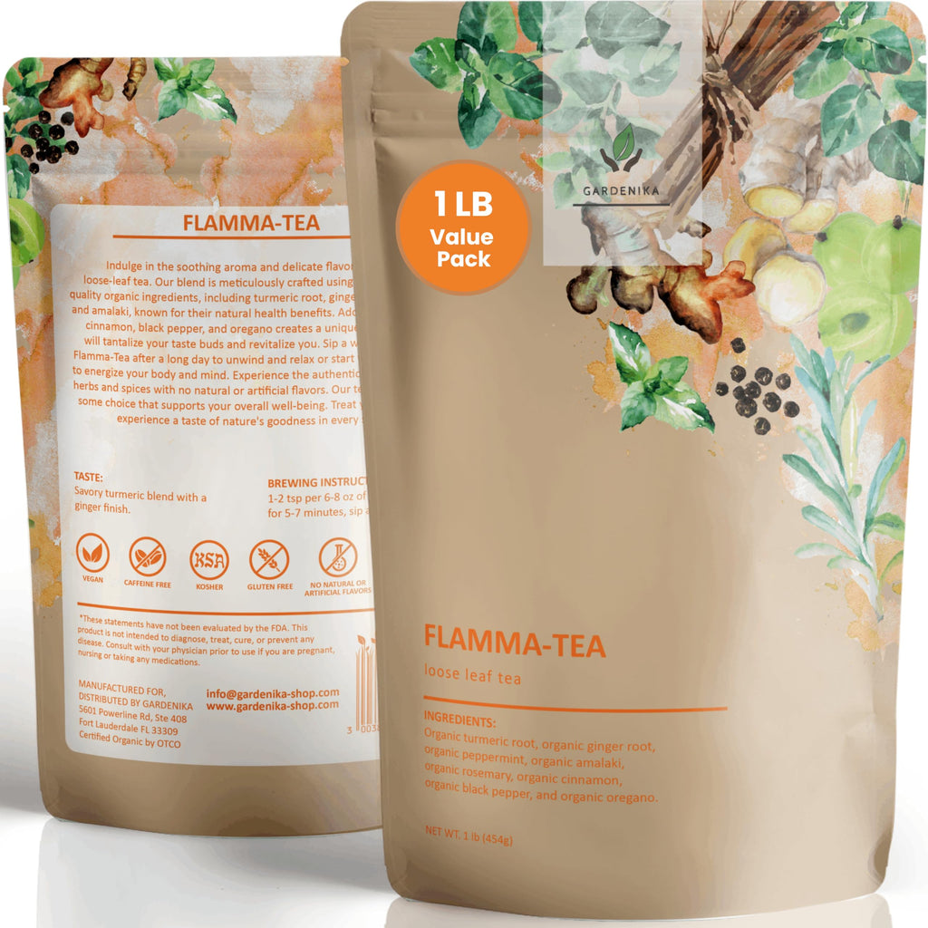 Gardenika Organic Flamma-tea Loose Leaf Turmeric Ginger Tea | with Cinnamon & Pepper | 100% Natural | Caffeine Free | Herbal Wellness Tea | Premium Blend | 1 lb (454g)