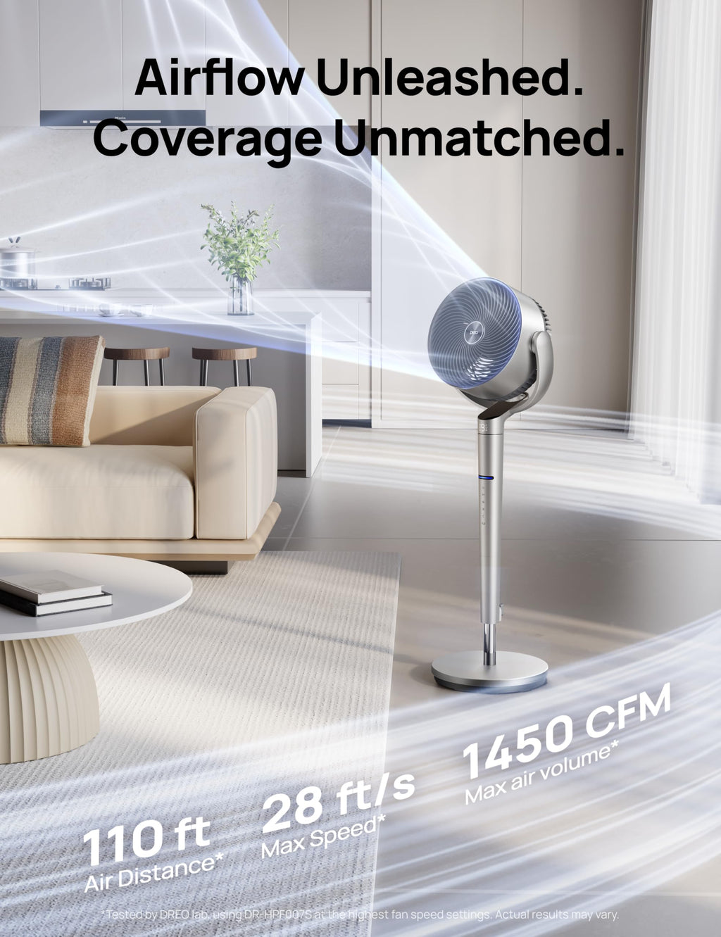 DREO Smart Fan for Bedroom, Position-based Oscillation, 150°+120° 3D Oscillating Fan, 110ft Pedestal Fans with Wi-Fi/Voice/Remote, Standing Fans Work with Alexa/Google, 9 Speeds, 6 Modes, 20dB, Silver