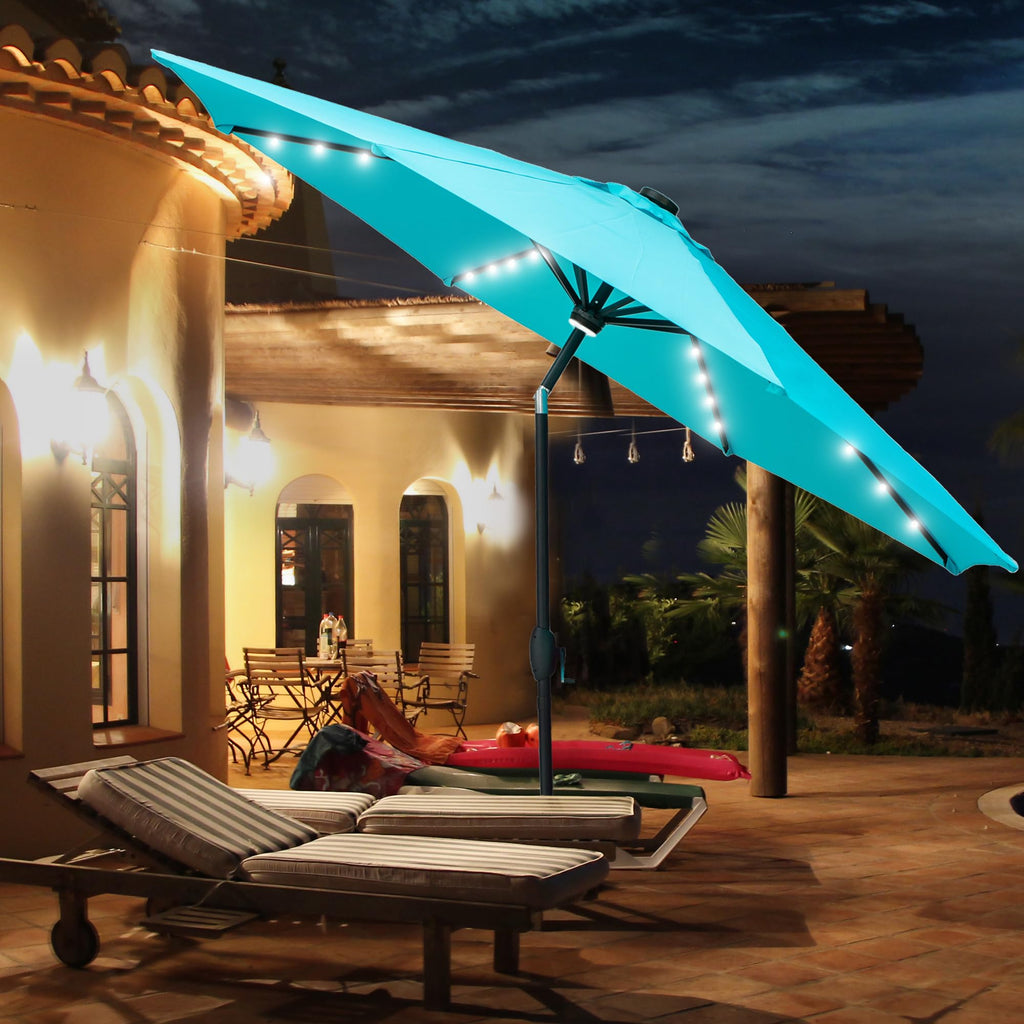 GDY 10Ft Patio Umbrella, Table Umbrella with 40 LED Lights, Outdoor Umbrellas for Patio, with Tilt and Crank, Center Light, for Garden, Deck, Backyard, Pool, and Beach, (Blue).