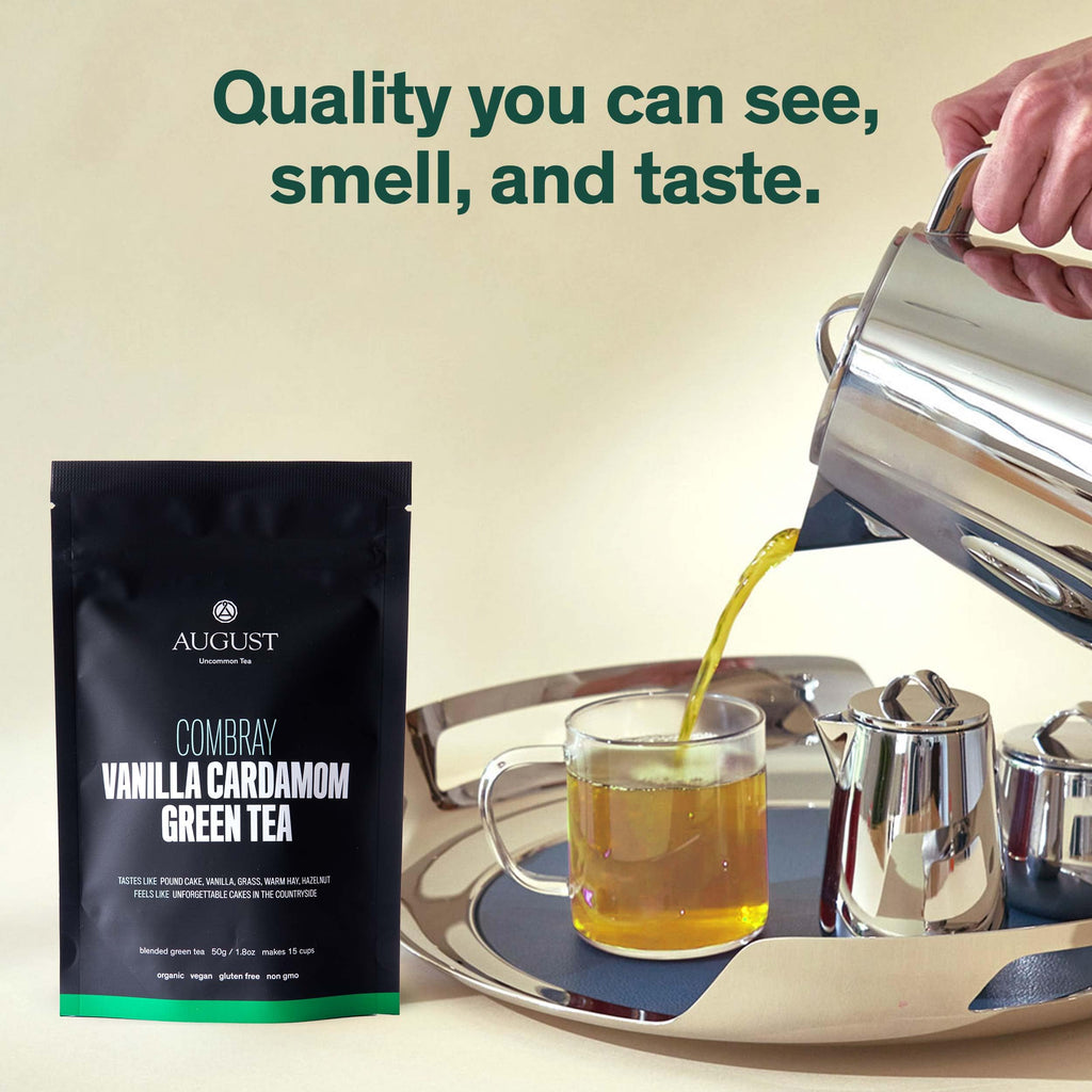 August Uncommon Combray Loose Leaf Tea – Organic Vanilla and Cardamom Green Tea – Vegan, Gluten-Free, and Non-GMO Organic Tea – Bold Dessert-Inspired Flavor in a Resealable 1.8oz Pouch (15-30 Cups)
