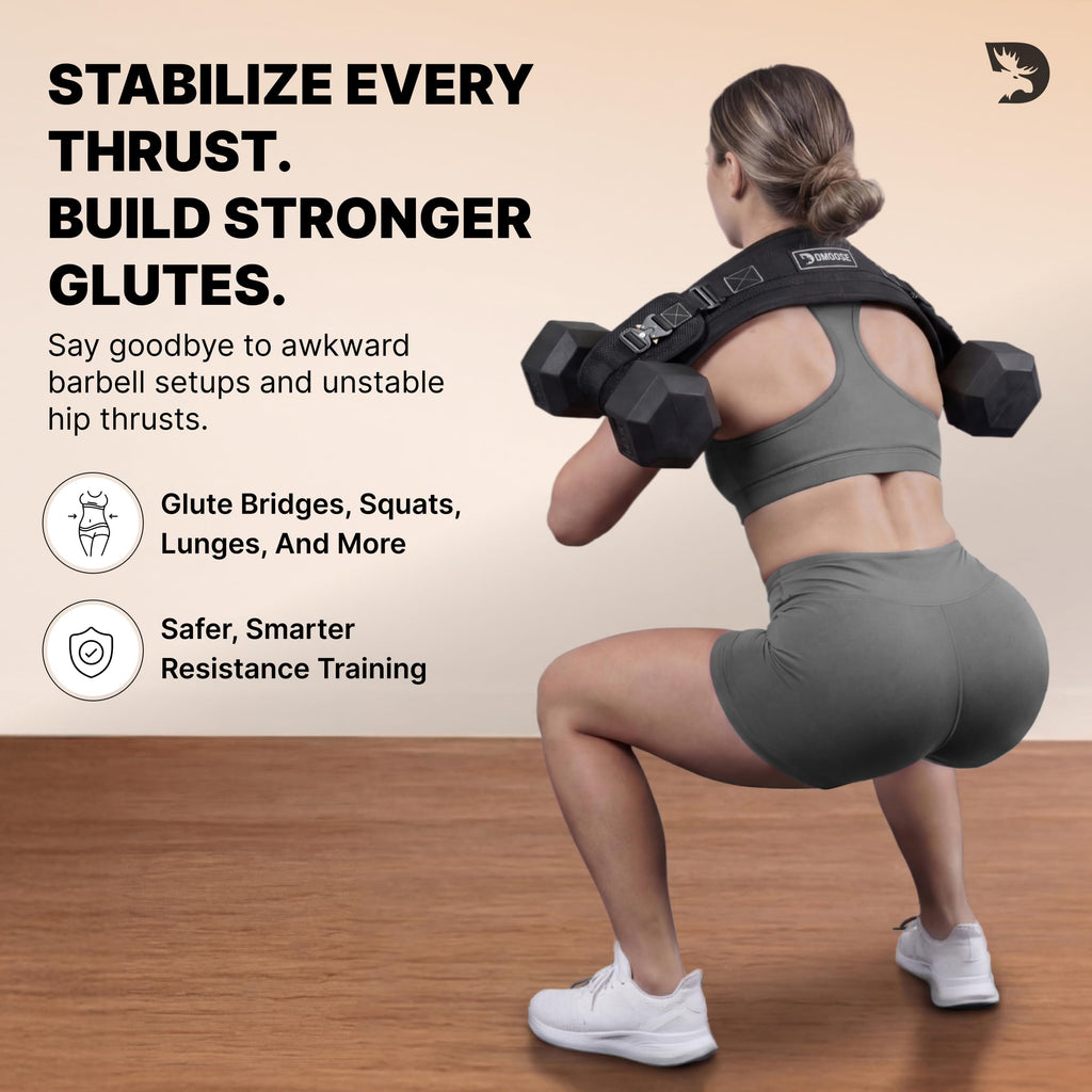 DMoose Fitness Hip Thrust Belt - Dual-Strap Glute Builder for Dumbbells, Plates, Kettlebells (Supports up to 700 lbs) - Comfortable Padded Booty Belt for Home & Gym (Black)