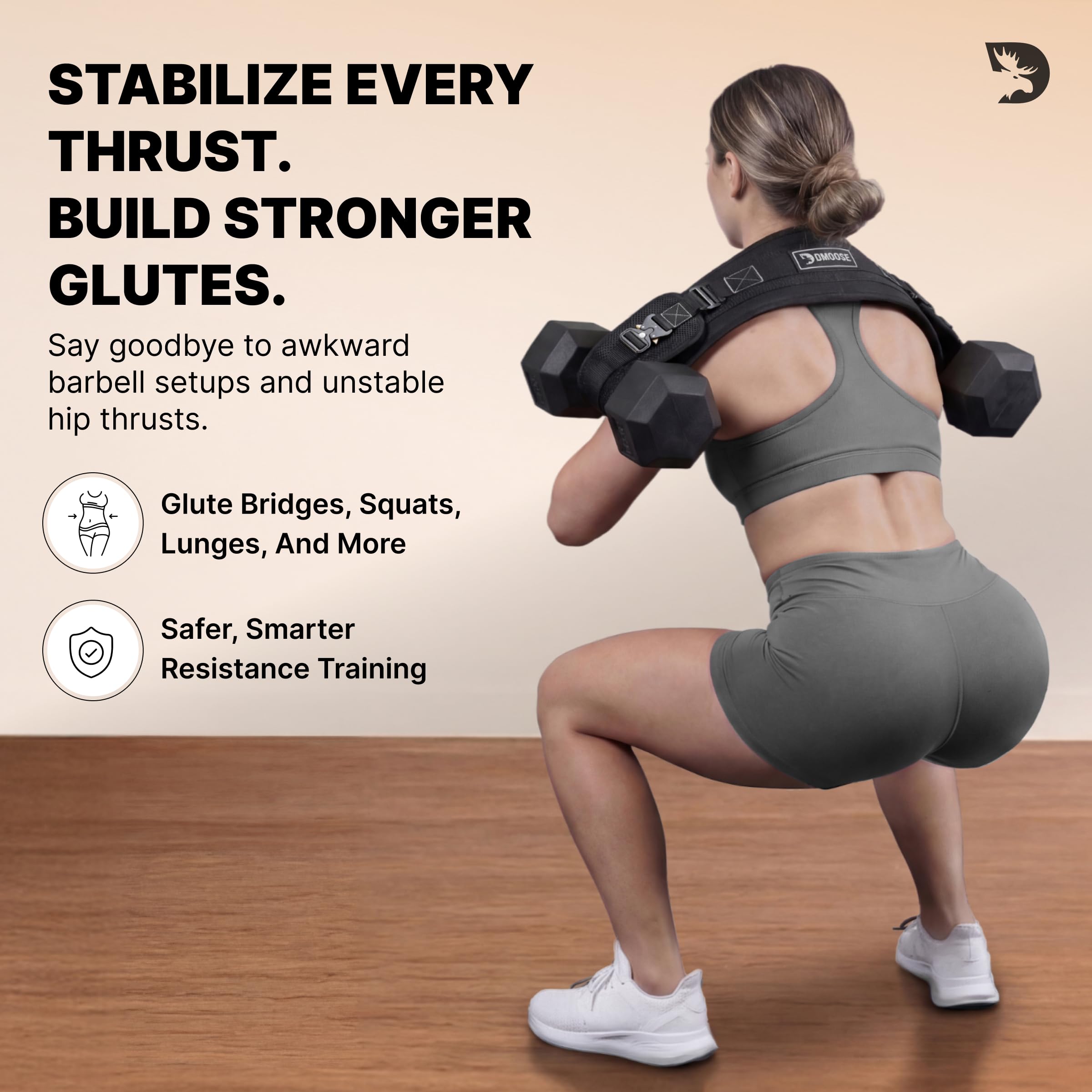 DMoose Fitness Hip Thrust Belt - Dual-Strap Glute Builder for Dumbbells, Plates, Kettlebells (Supports up to 700 lbs) - Comfortable Padded Booty Belt for Home & Gym (Black)