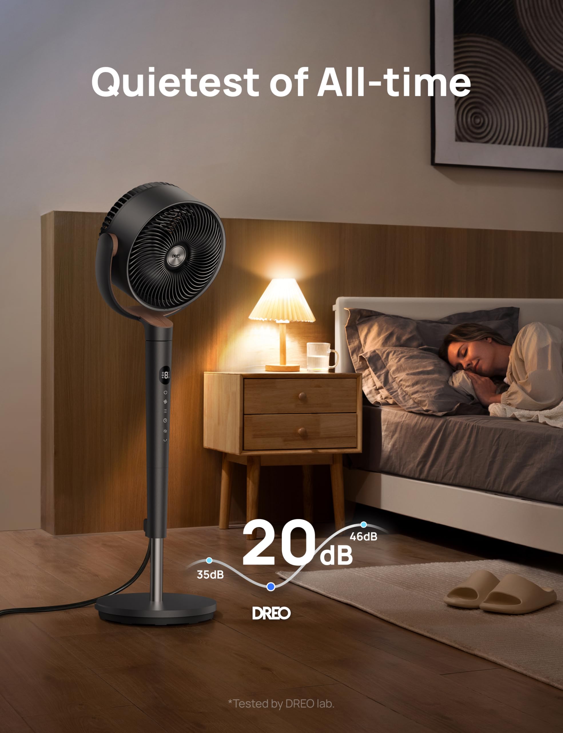 DREO Fan for Bedroom, 120° Oscillating Standing Fans, Quiet Floor Fan with DC Motor, 100ft Pedestal Fans for Room, 9 Speeds, 4 modes, 20dB, 120° Manual Vertical, 37-42" Adjustable Height, 9H Timer