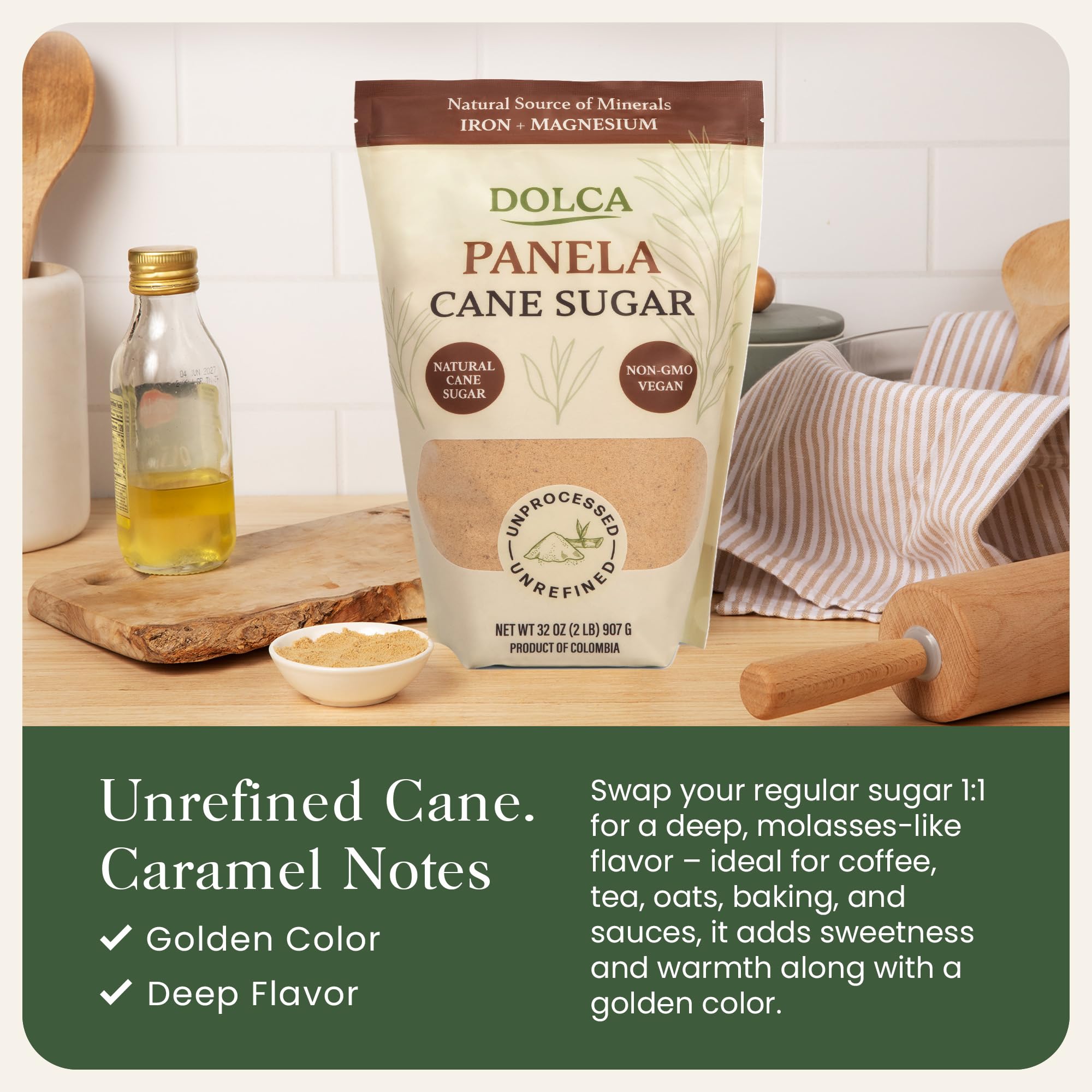 Dolca Panela – Unrefined Cane Sugar from Evaporated Cane Juice – Granulated Panela with Rich Caramel Flavor – 1:1 Replacement for Brown Sugar in Coffee, Tea & Baking