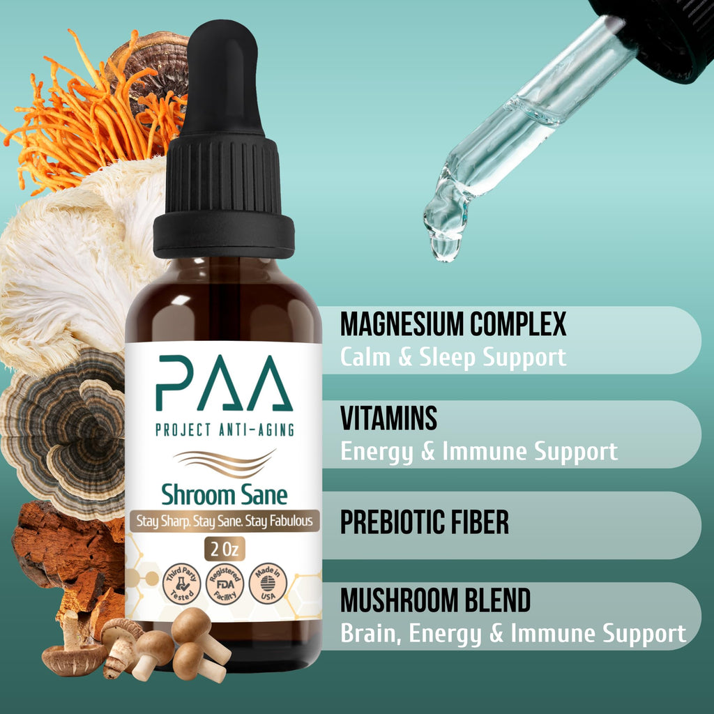 Project Anti-Aging Shroom Sane Liquid Drops with Lion’s Mane Mushroom Supplement Drops – 8 Mushroom Complex Tincture with Reishi, Cordyceps, Turkey Tail & Magnesium – USDA Organic, Vegan,